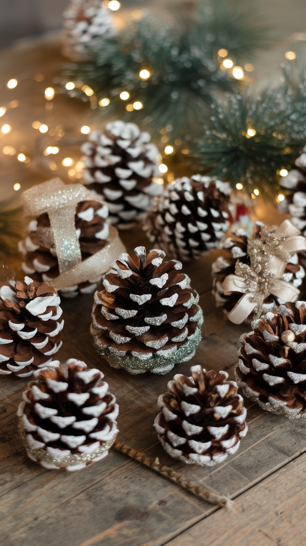 Decorated pinecones arranged on a wooden surface with fairy lights in the background.