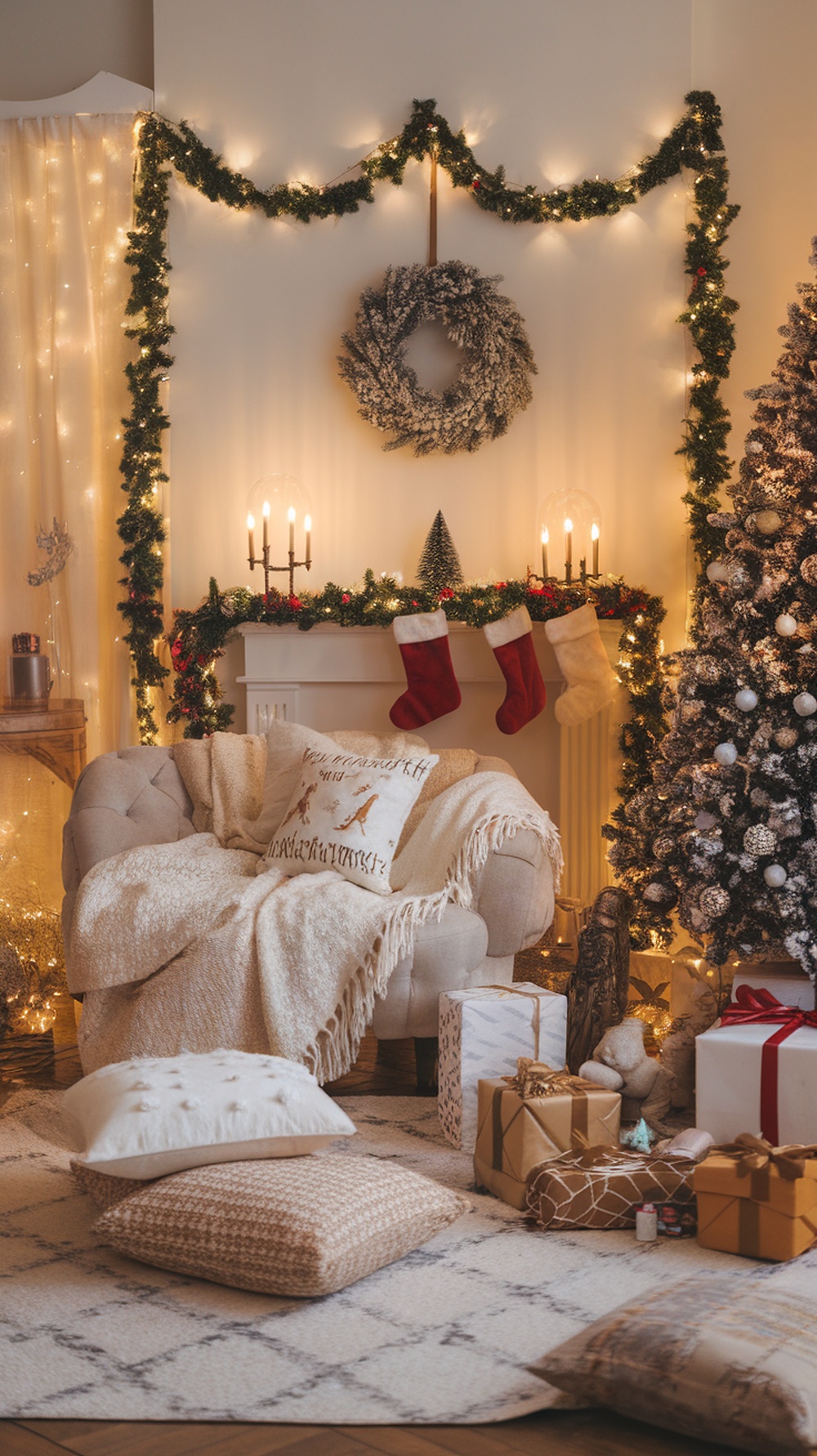 Cozy Christmas living room with layered textiles, soft couch, and festive decorations.