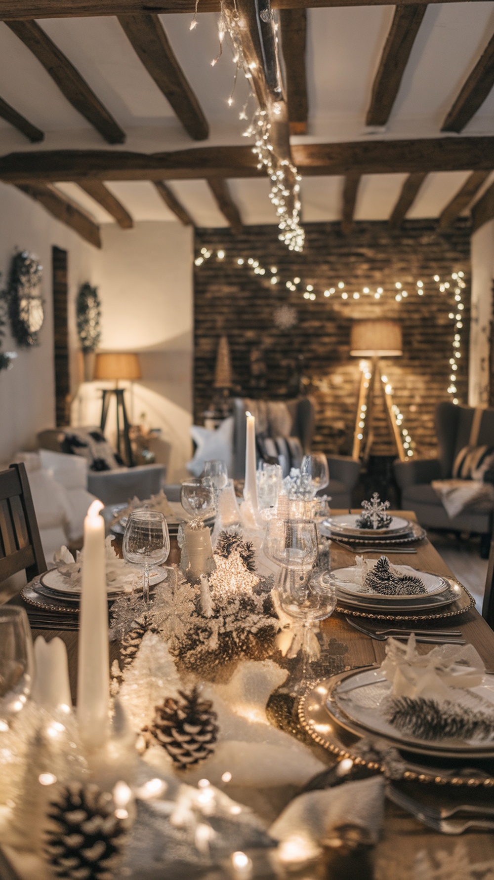 A beautifully decorated dining table for Christmas with natural elements, candles, and twinkling lights.