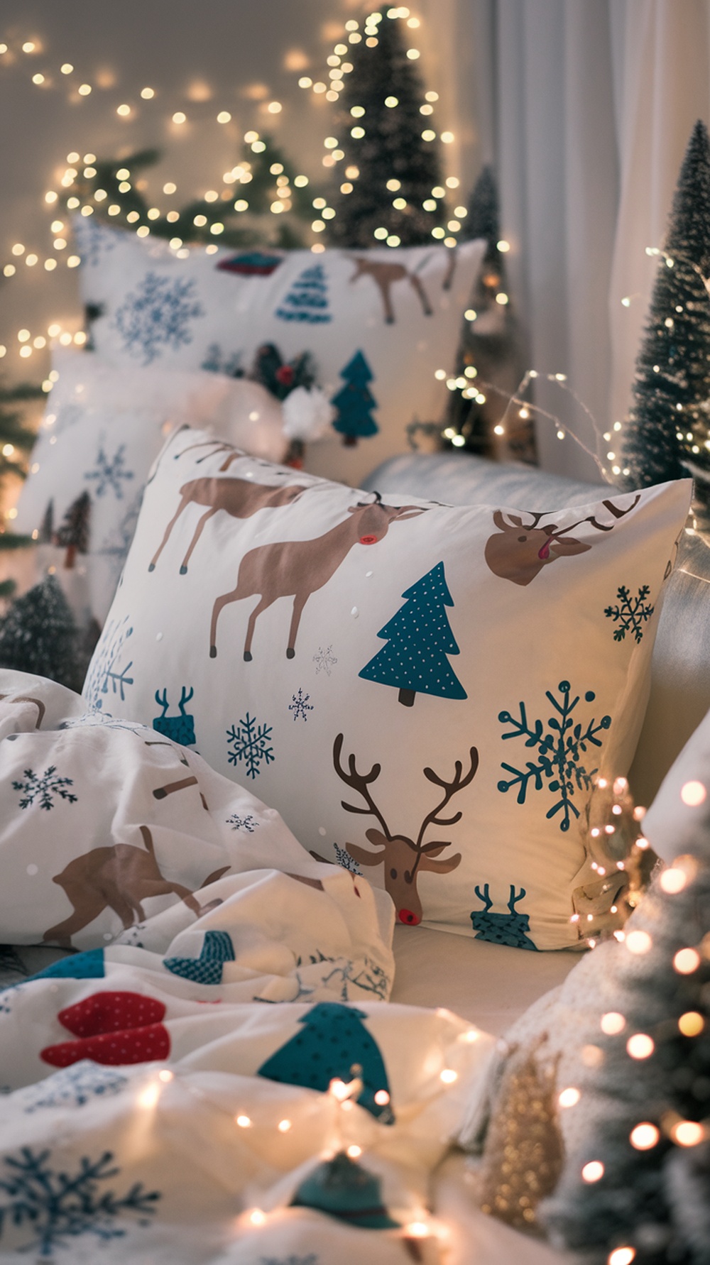 A cozy bed with whimsical Christmas bedding featuring reindeer, trees, and snowflakes, surrounded by fairy lights and small Christmas trees.