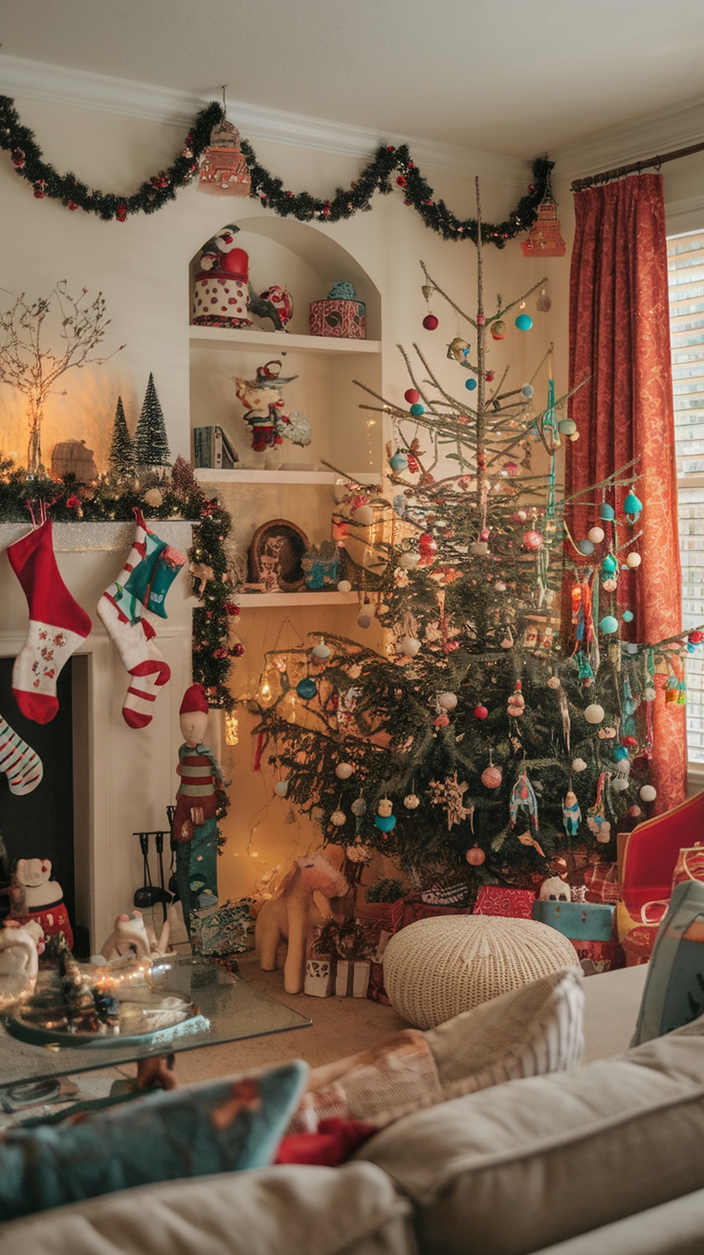 A cozy living room decorated for Christmas with a whimsical touch, featuring a colorful tree, stockings, and playful ornaments.