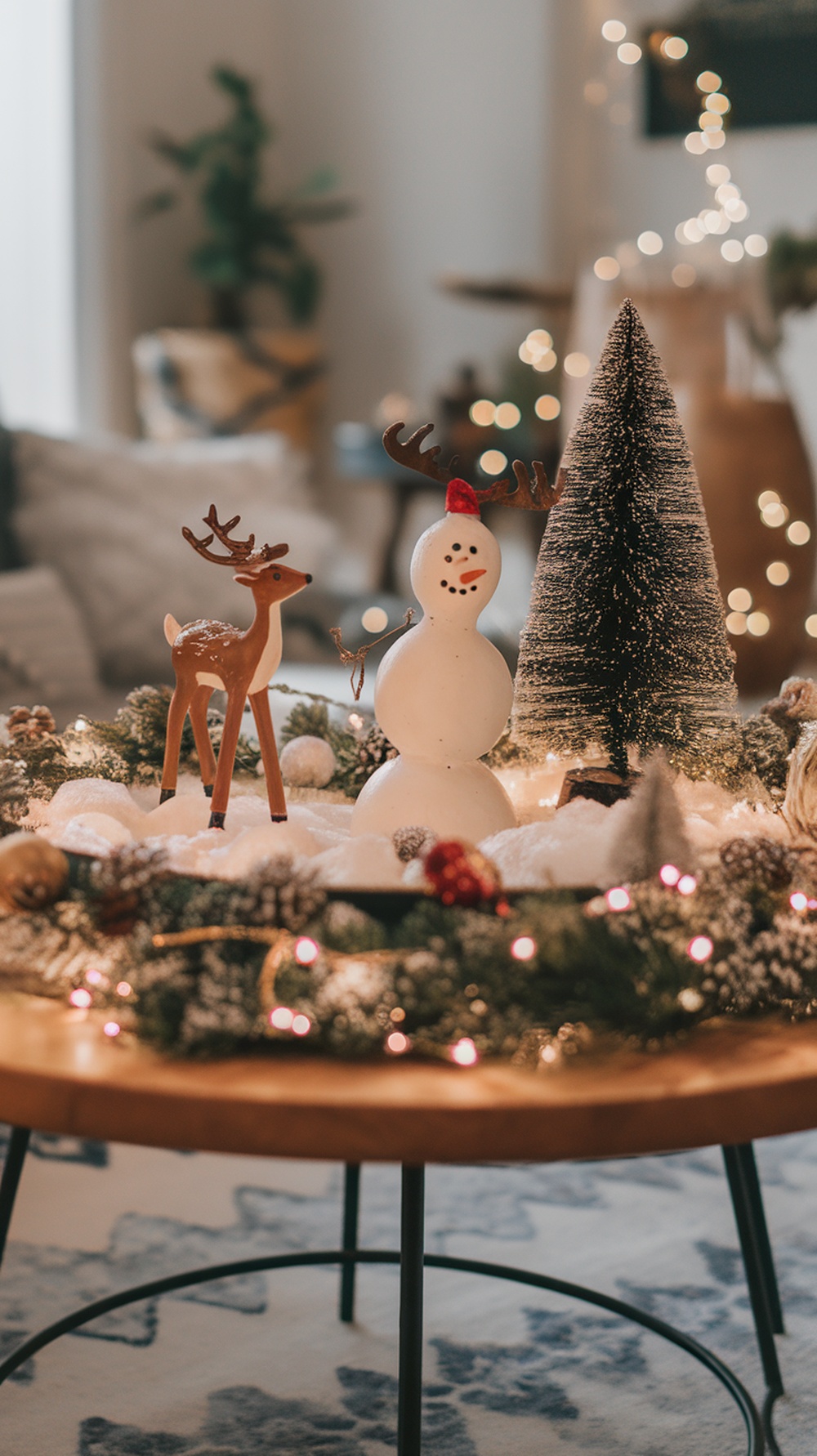A festive Christmas coffee table decor featuring a snowman and a reindeer figurine surrounded by faux snow and pinecones.