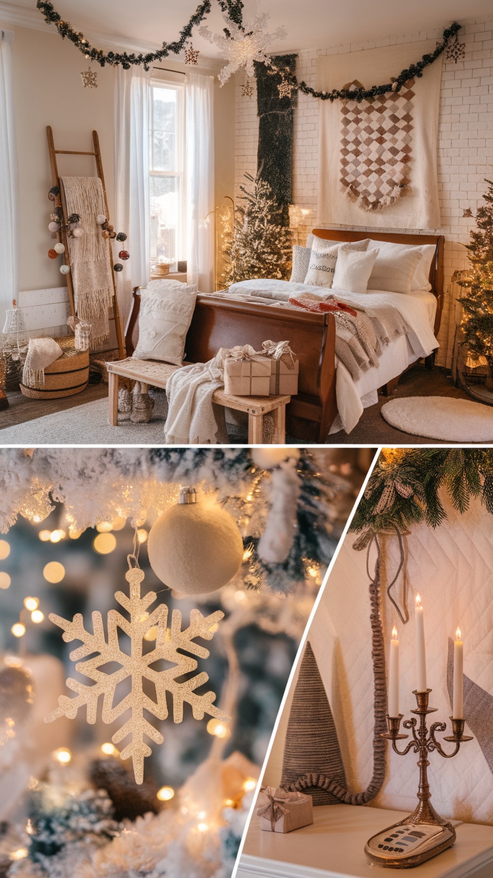 Cozy Christmas bedroom with festive decorations, a small tree, and warm lighting.