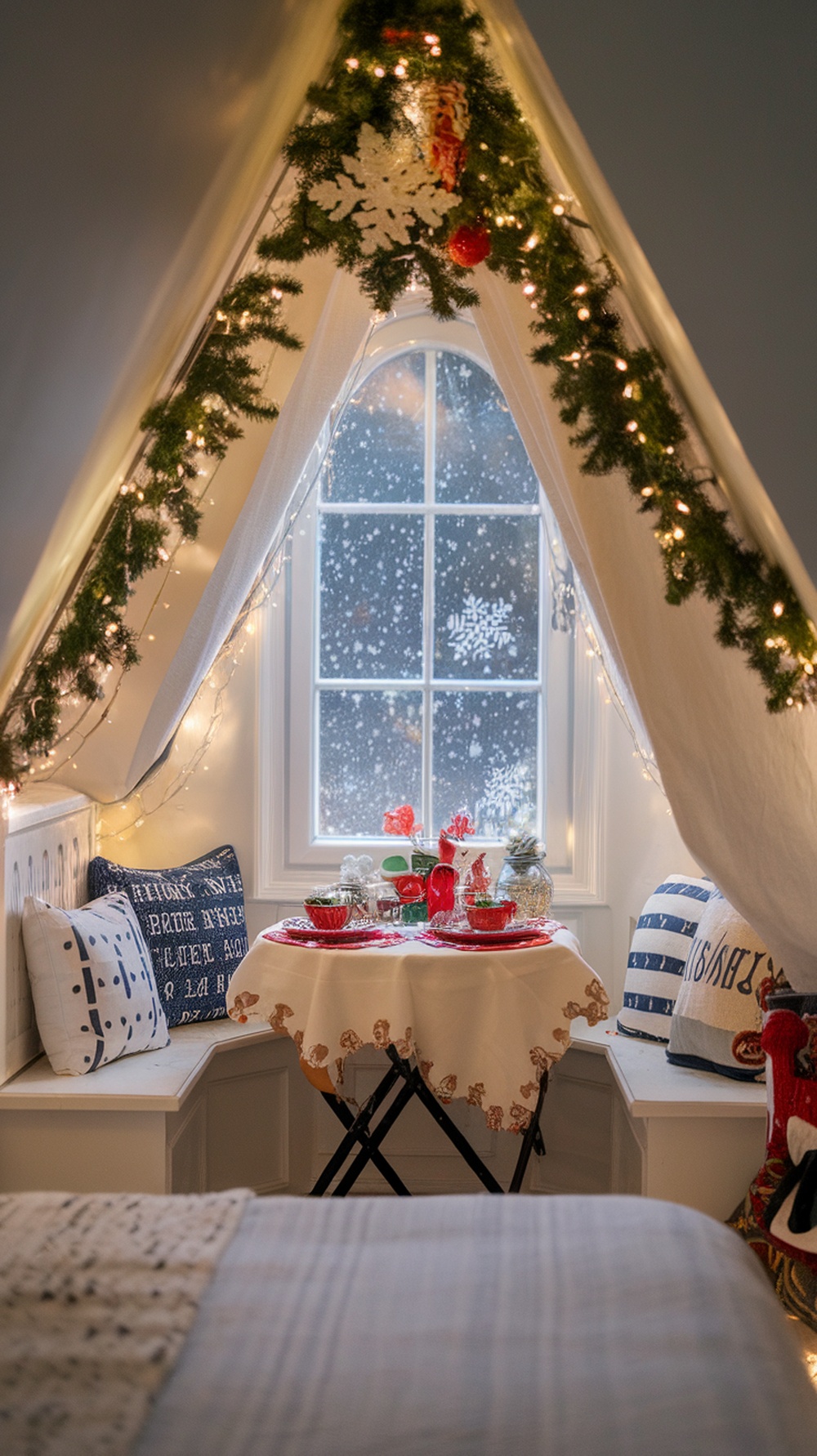 Cozy breakfast nook in a bedroom decorated for Christmas with a table set for two, garlands, and twinkling lights.