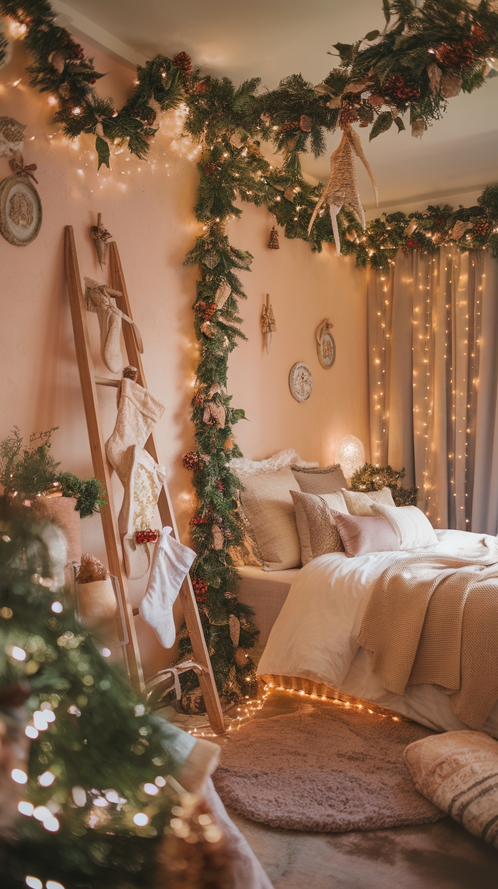 Cozy bedroom decorated with greenery and Christmas lights