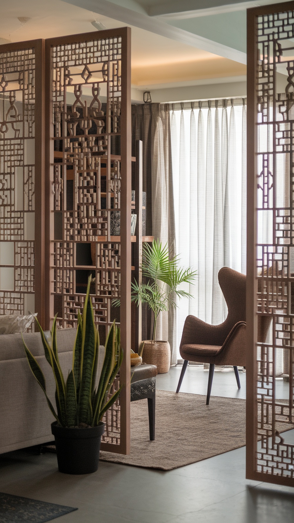 A stylish living room divider made of intricate wooden patterns, separating a cozy seating area from a bright window space.