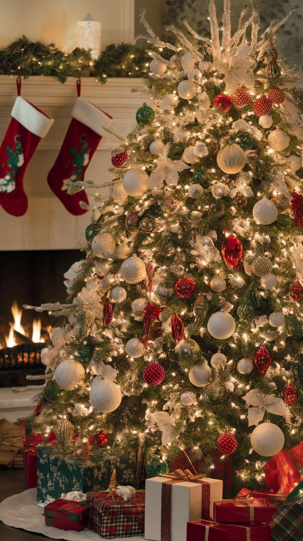 A beautifully decorated Christmas tree with ornaments, gifts, and stockings by the fireplace.