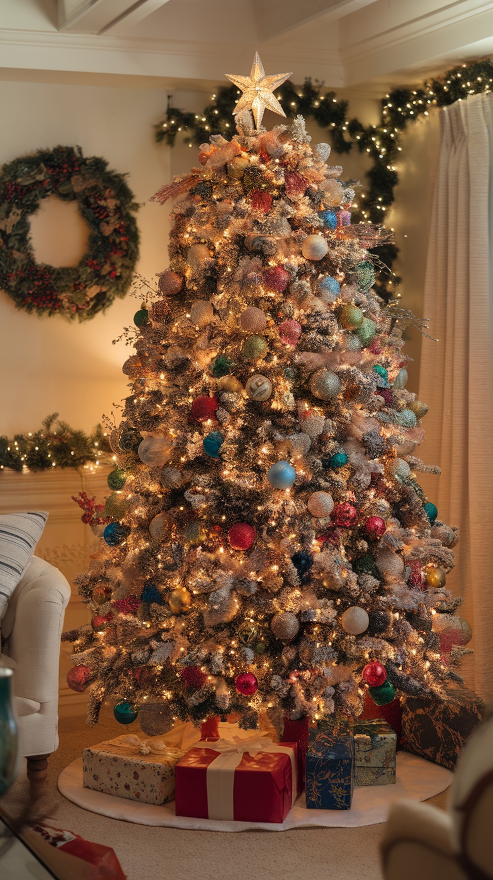 A beautifully decorated Christmas tree with colorful ornaments and lights, surrounded by wrapped gifts.