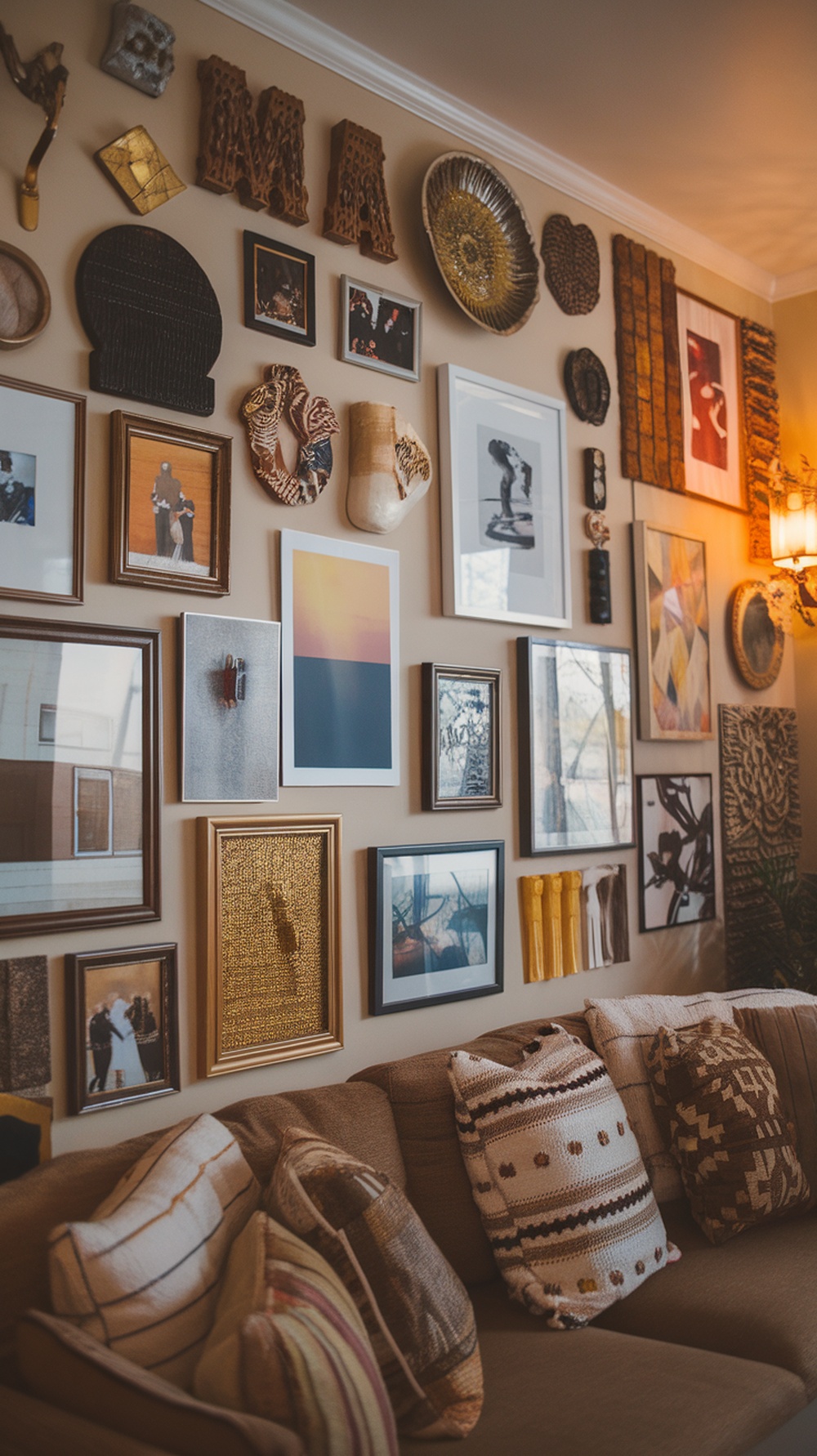 A cozy living room with a gallery wall featuring various art pieces and framed photos.