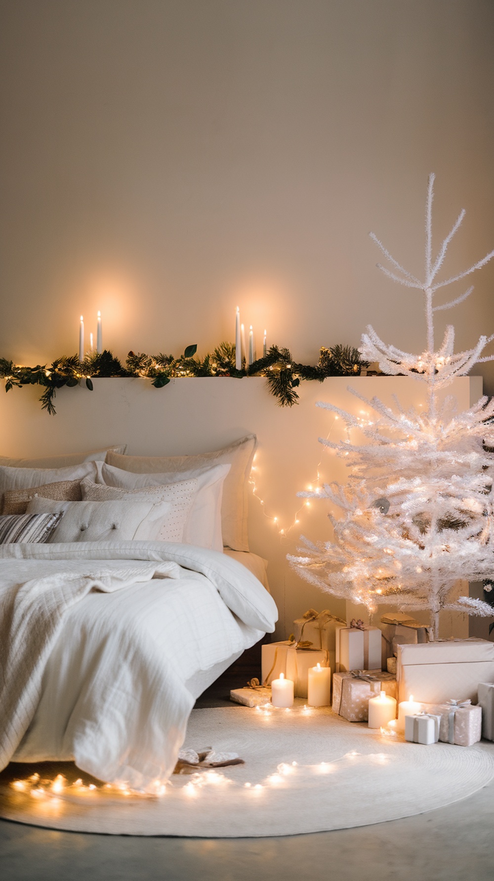 A modern minimalist Christmas bedroom with a cozy bed, white Christmas tree, candles, and soft lighting.