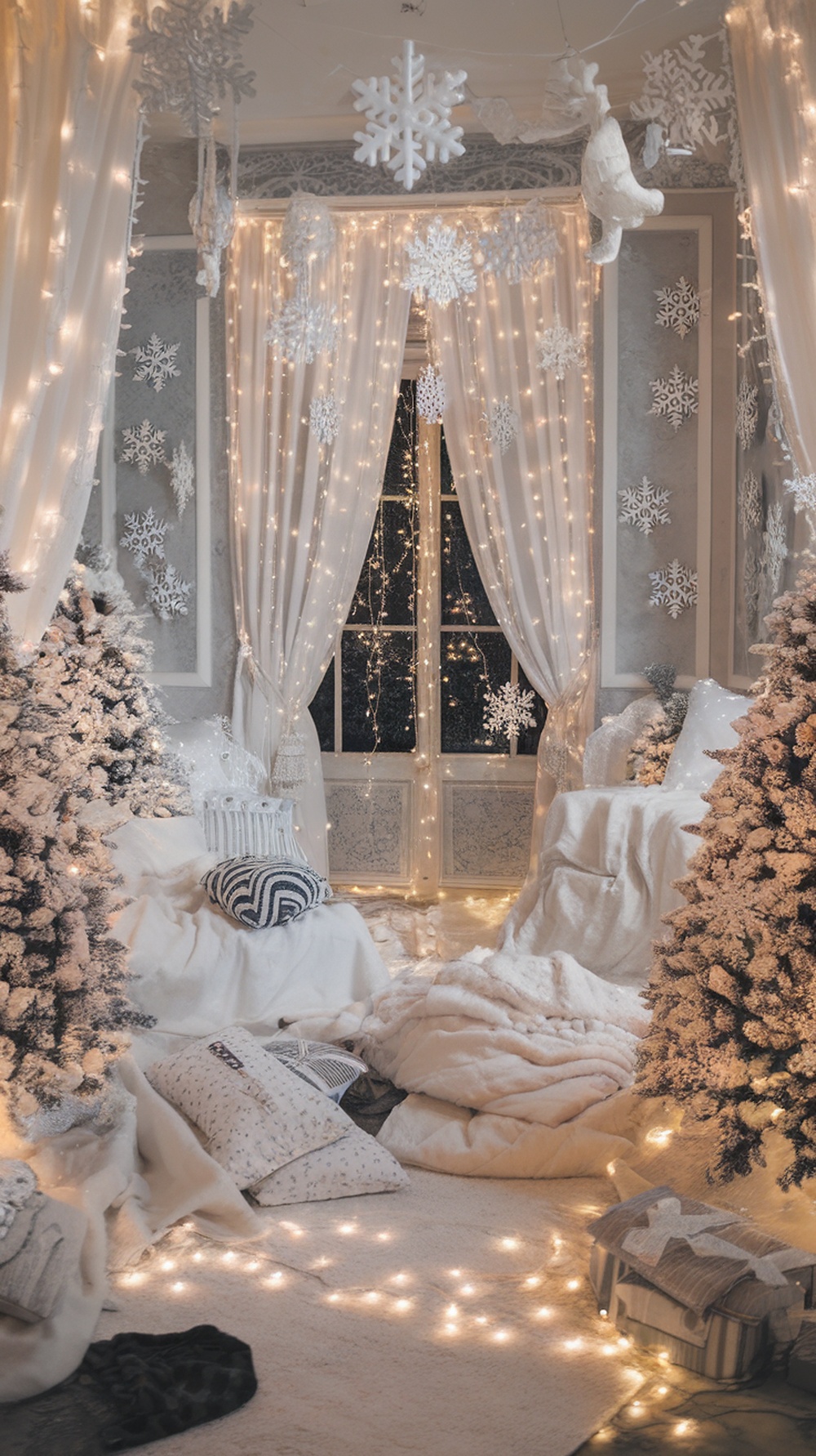 A cozy living room decorated in white for Christmas with fairy lights and snowflakes.