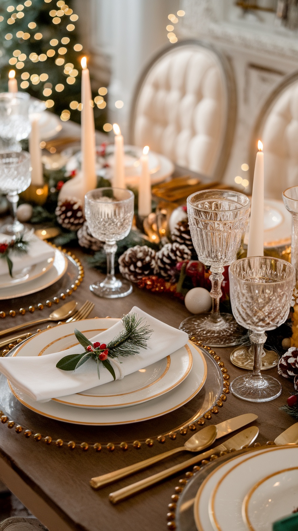 Luxurious Christmas table setting with elegant dinnerware, candles, and festive decorations.
