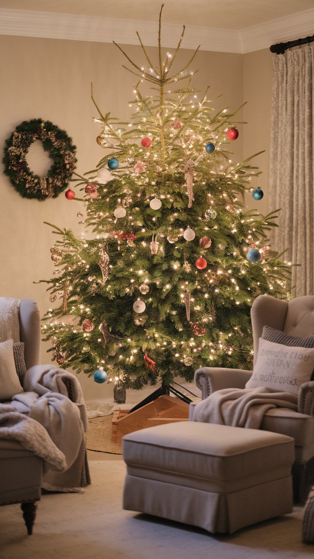 A cozy Christmas living room featuring a beautifully decorated tree with lights and ornaments, a wreath on the wall, and comfortable seating.