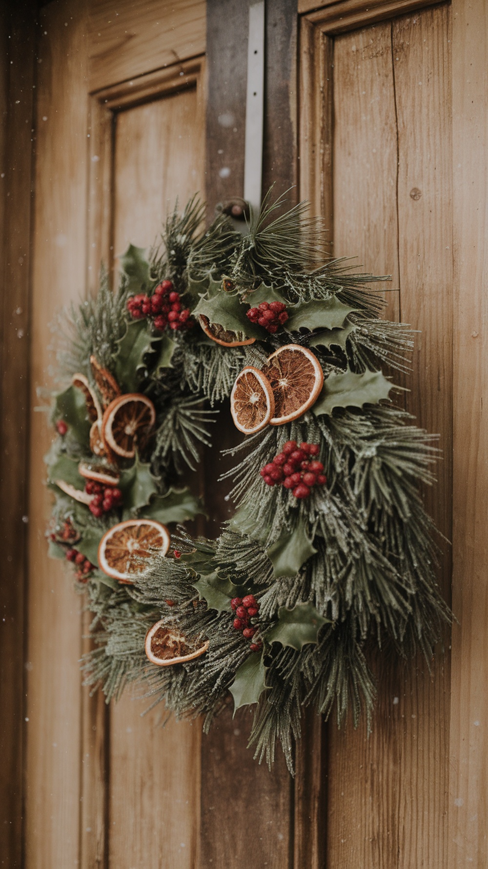 A festive wreath made with pine, holly, and dried orange slices, hanging on a wooden door.