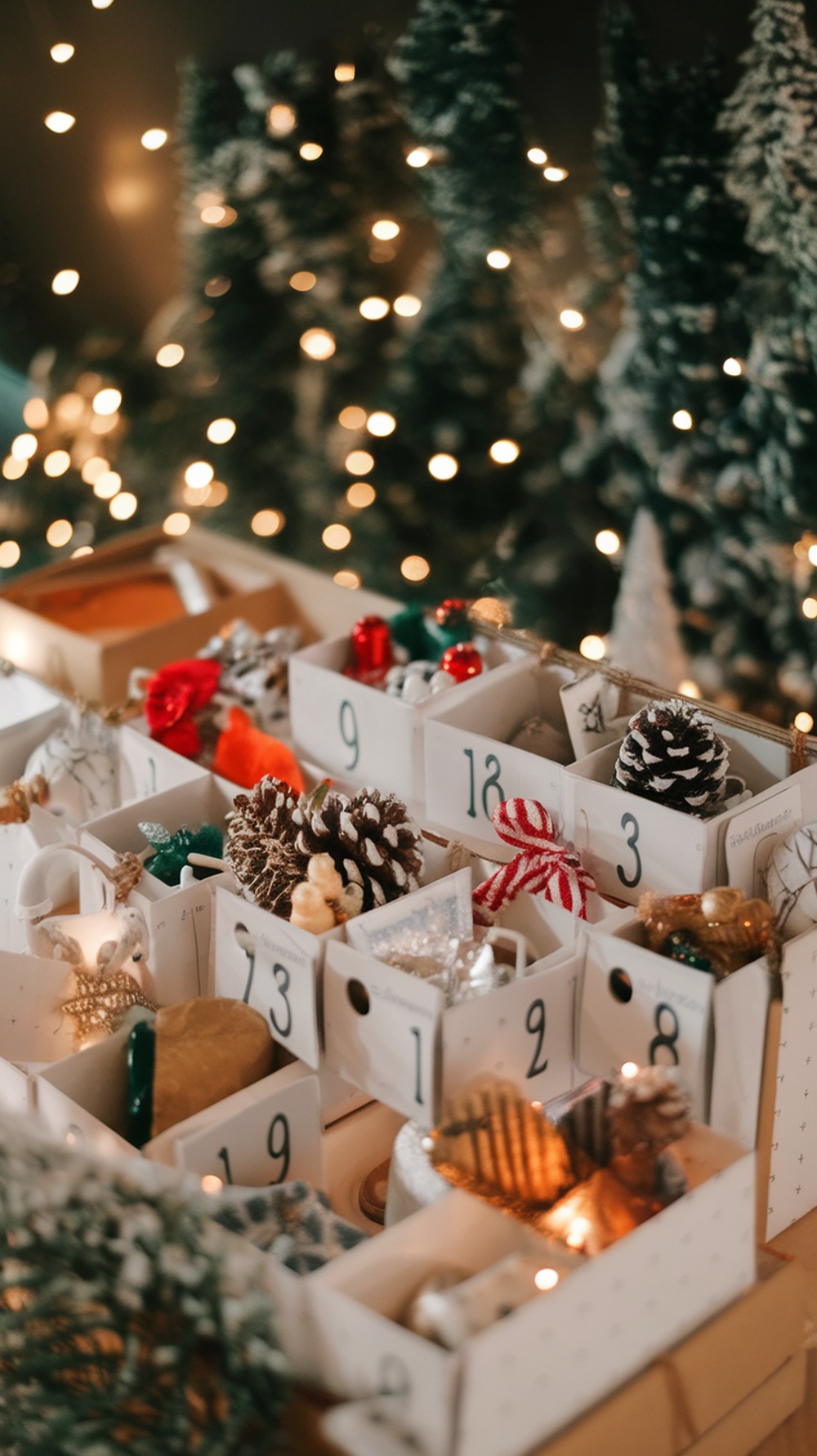 A creative advent calendar filled with small decorations and treats, set against a backdrop of twinkling lights and festive greenery.
