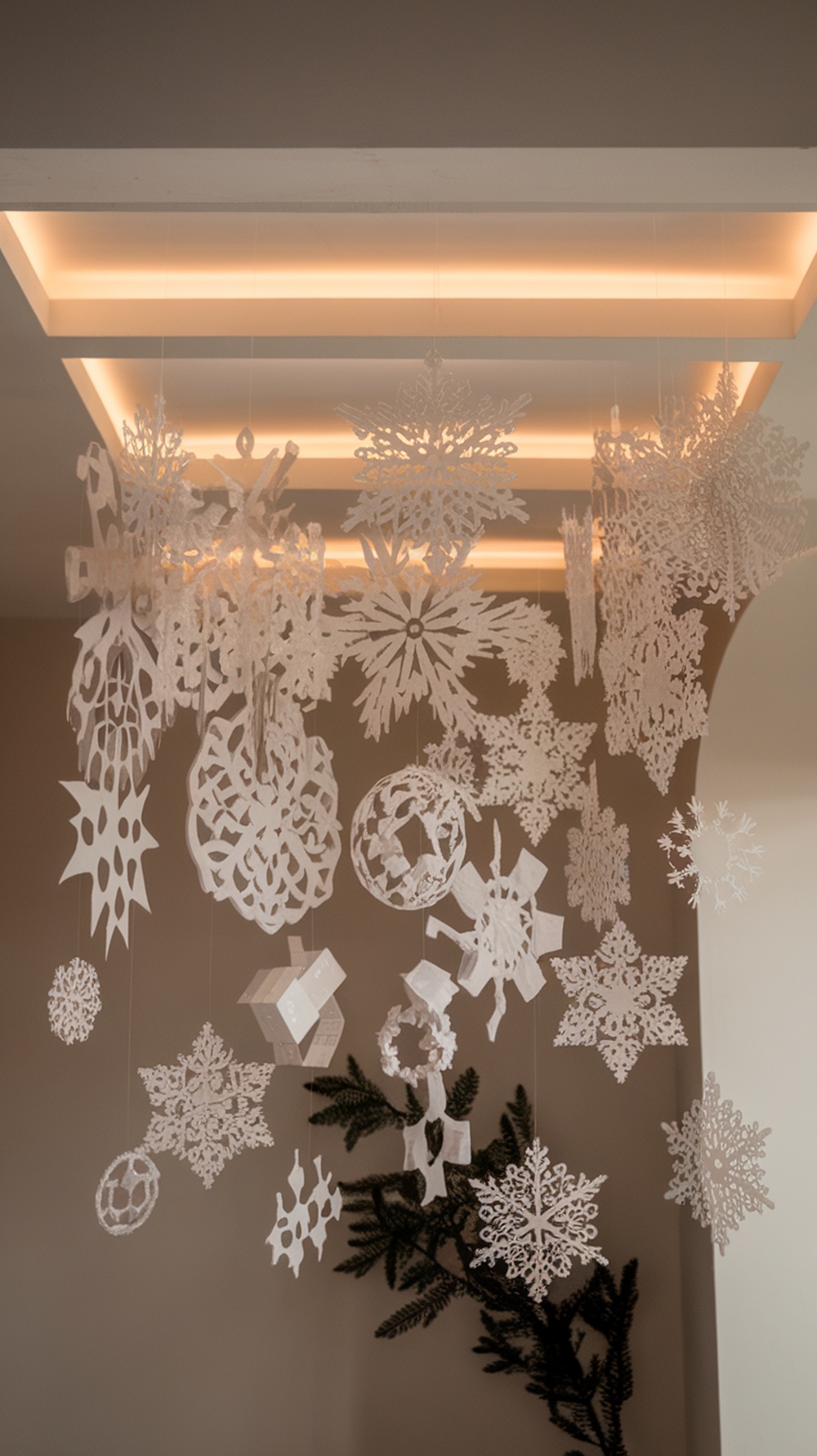 An array of DIY paper snowflakes hanging from the ceiling, creating a winter-themed decoration.