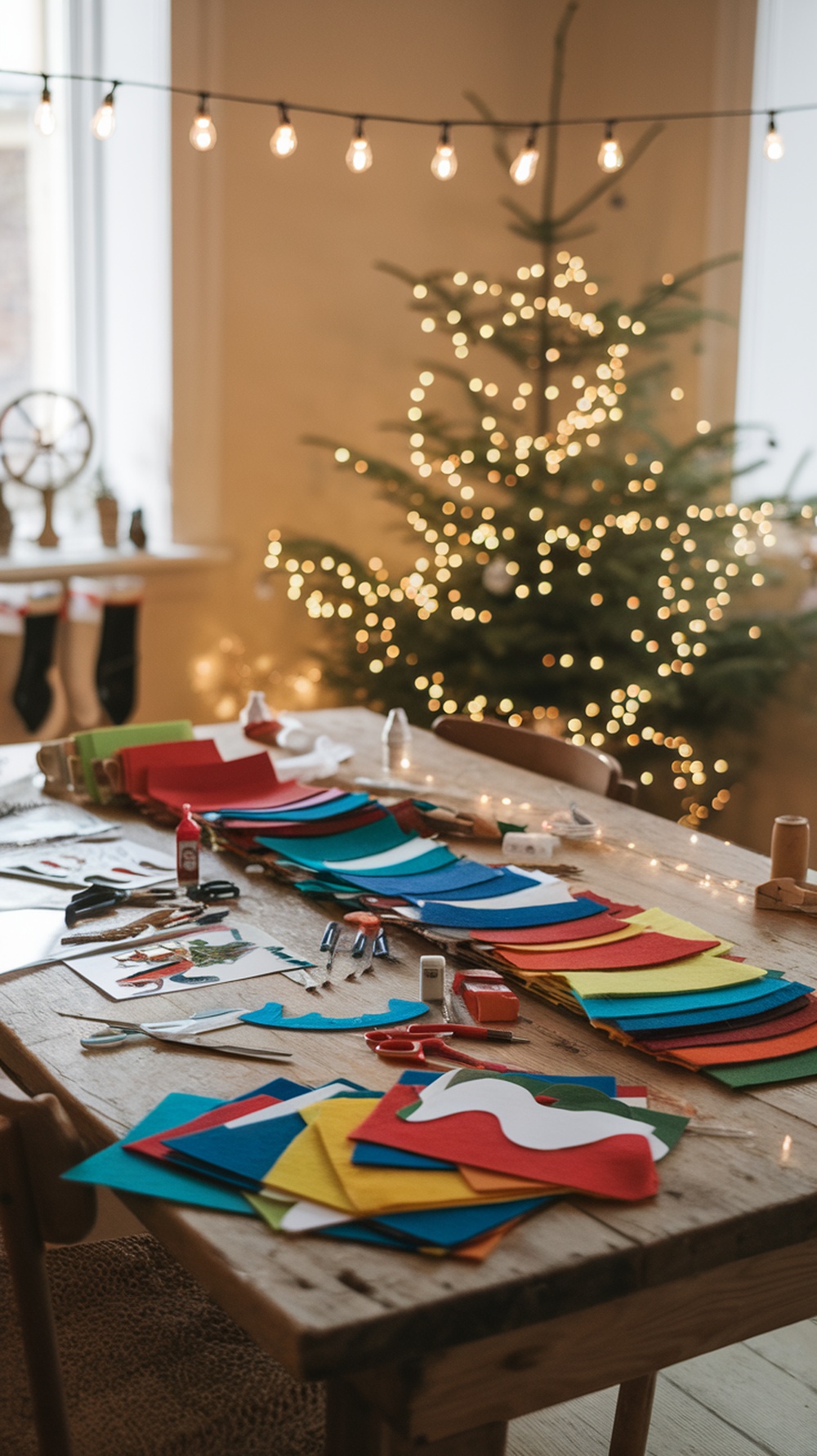 A table filled with colorful felt sheets, scissors, and crafting supplies, with a decorated Christmas tree in the background.