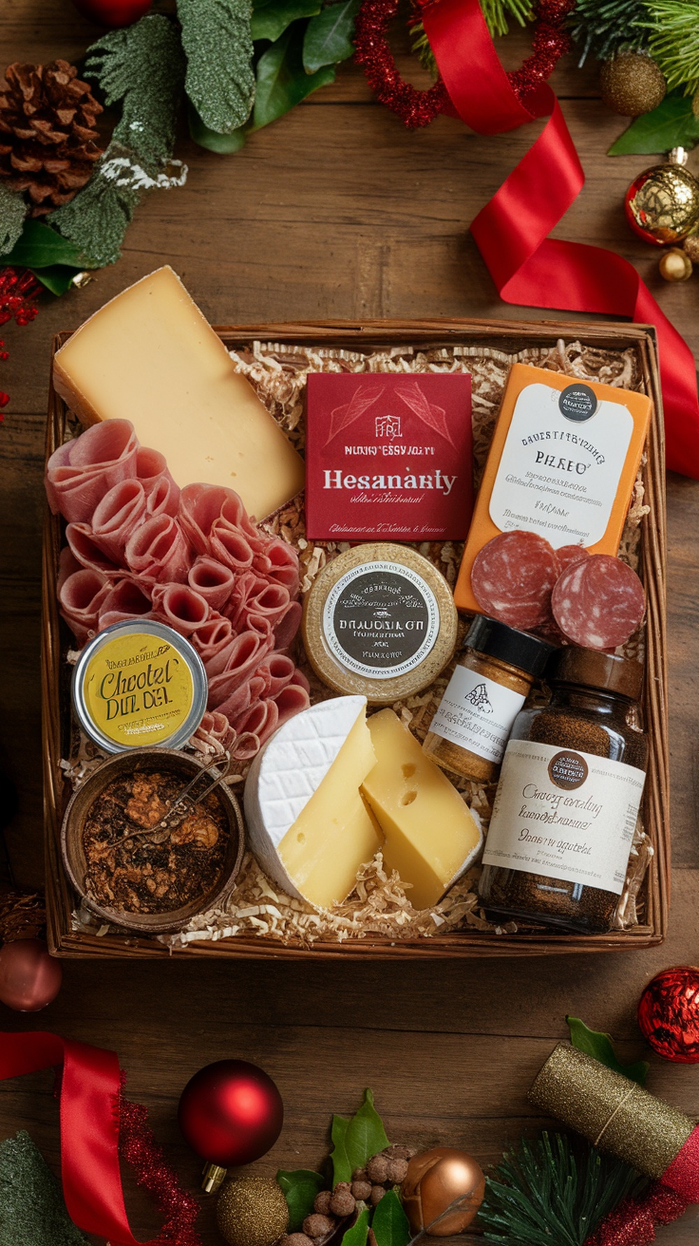 A gourmet gift basket filled with cheeses, cured meats, and artisanal spreads, decorated with festive holiday elements.