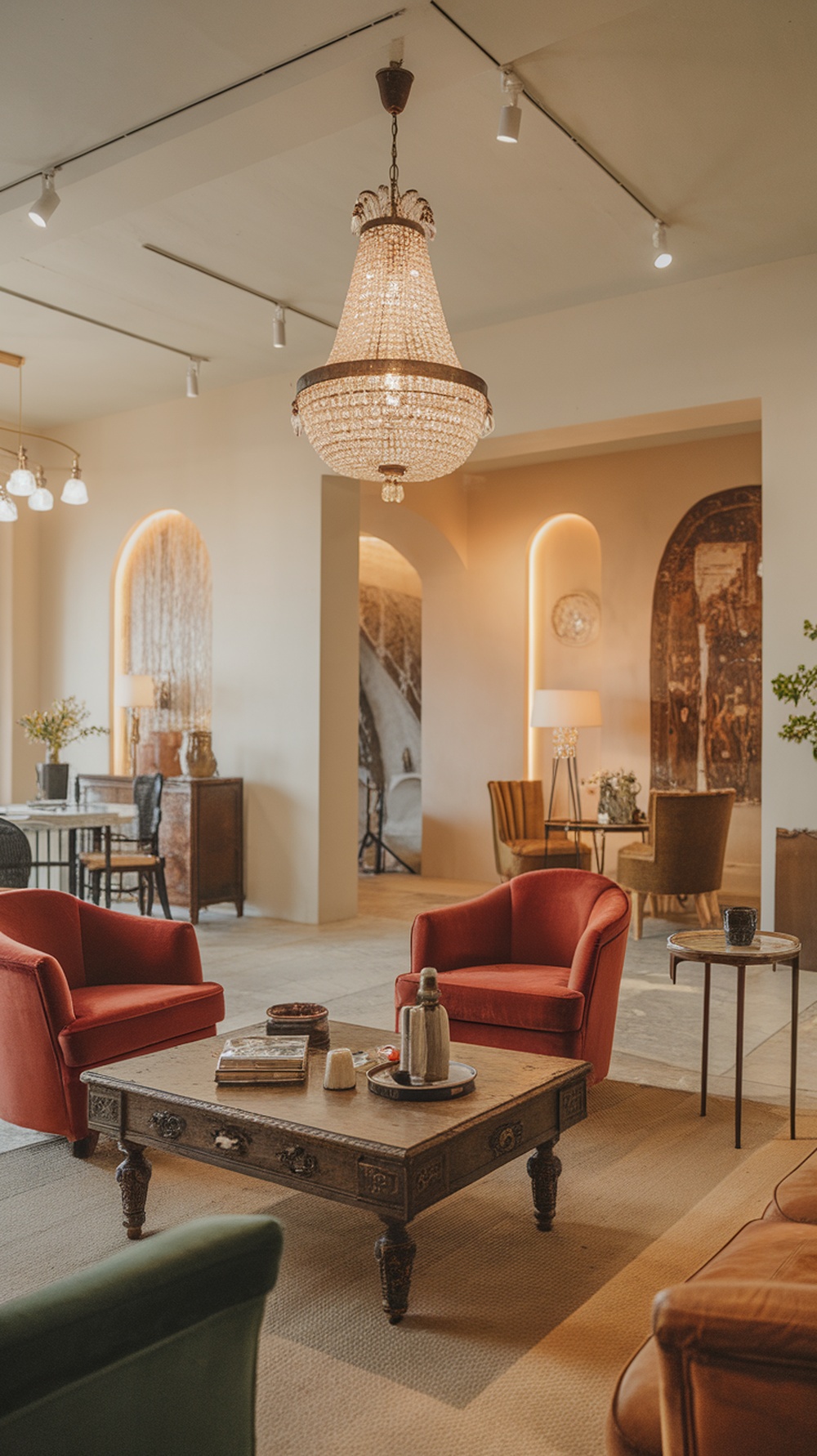 A chic living room featuring vintage decor with red chairs, an ornate coffee table, and a sparkling chandelier.