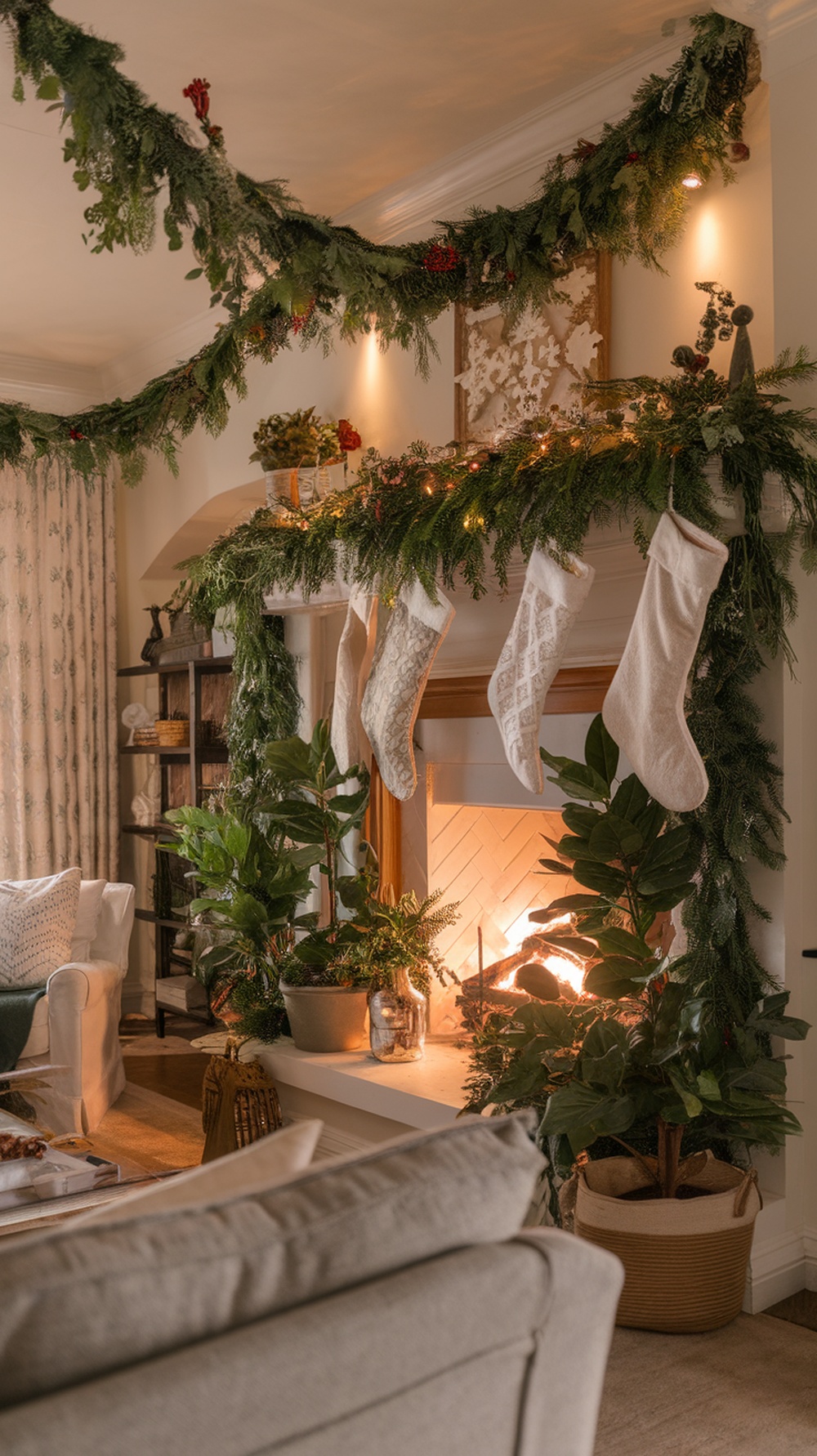 A cozy living room decorated for Christmas with lush greenery, stockings, and a warm fireplace.