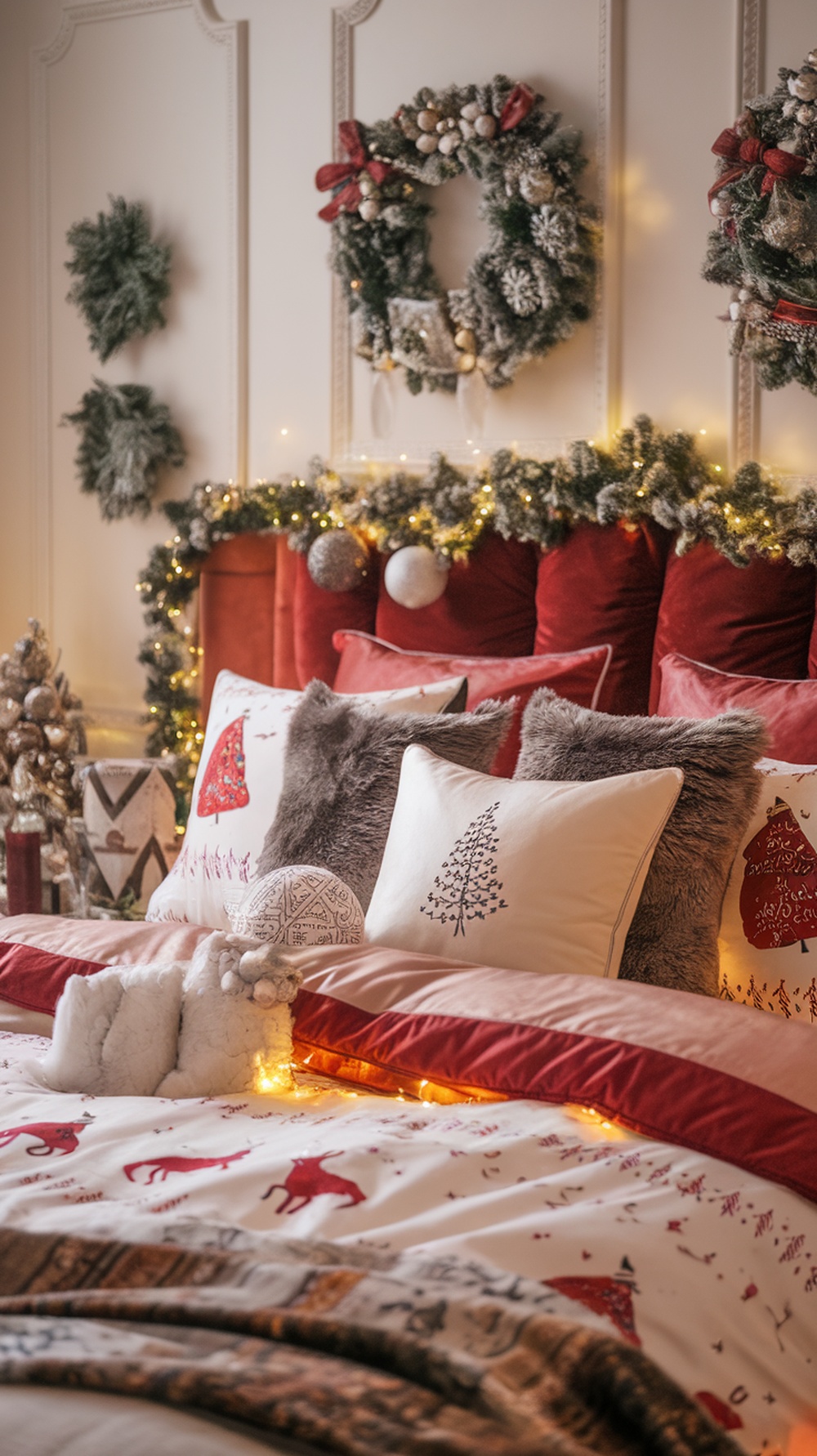 A cozy Christmas-themed bedroom with luxurious textures, featuring red pillows, festive bedding, and decorative elements.