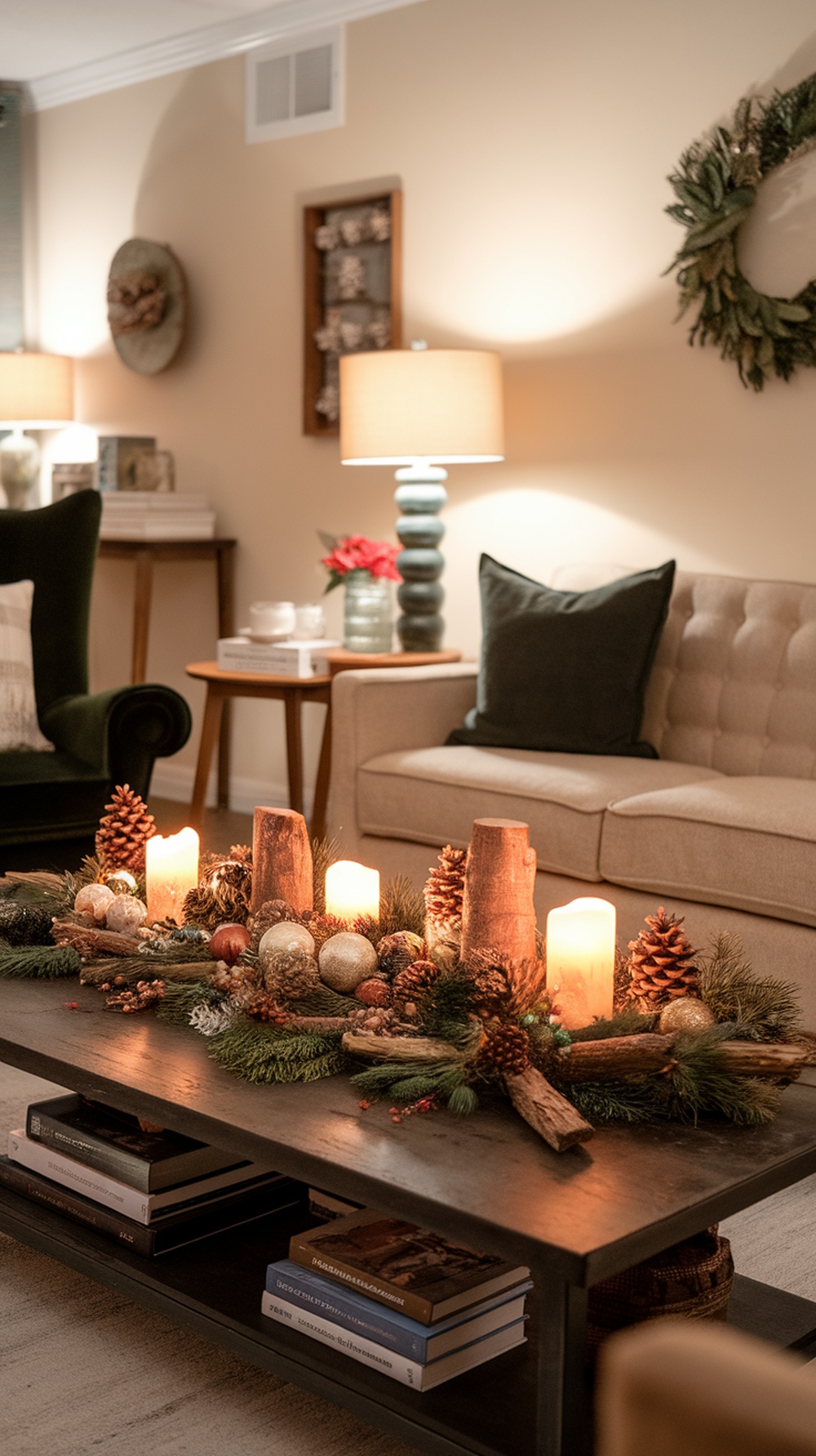 A cozy Christmas coffee table decor featuring natural elements like pinecones, logs, and candles.
