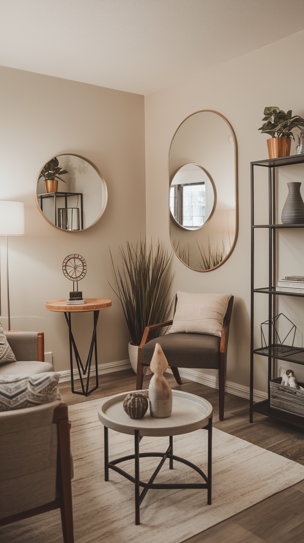 A cozy small living room featuring round mirrors, a stylish chair, and decorative elements.