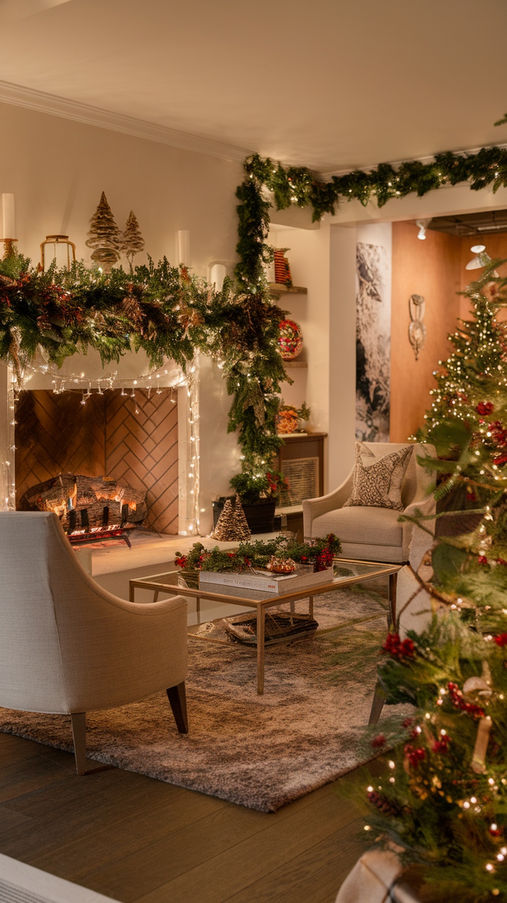 A cozy living room decorated with greenery and pine for Christmas, featuring a fireplace and festive decor.