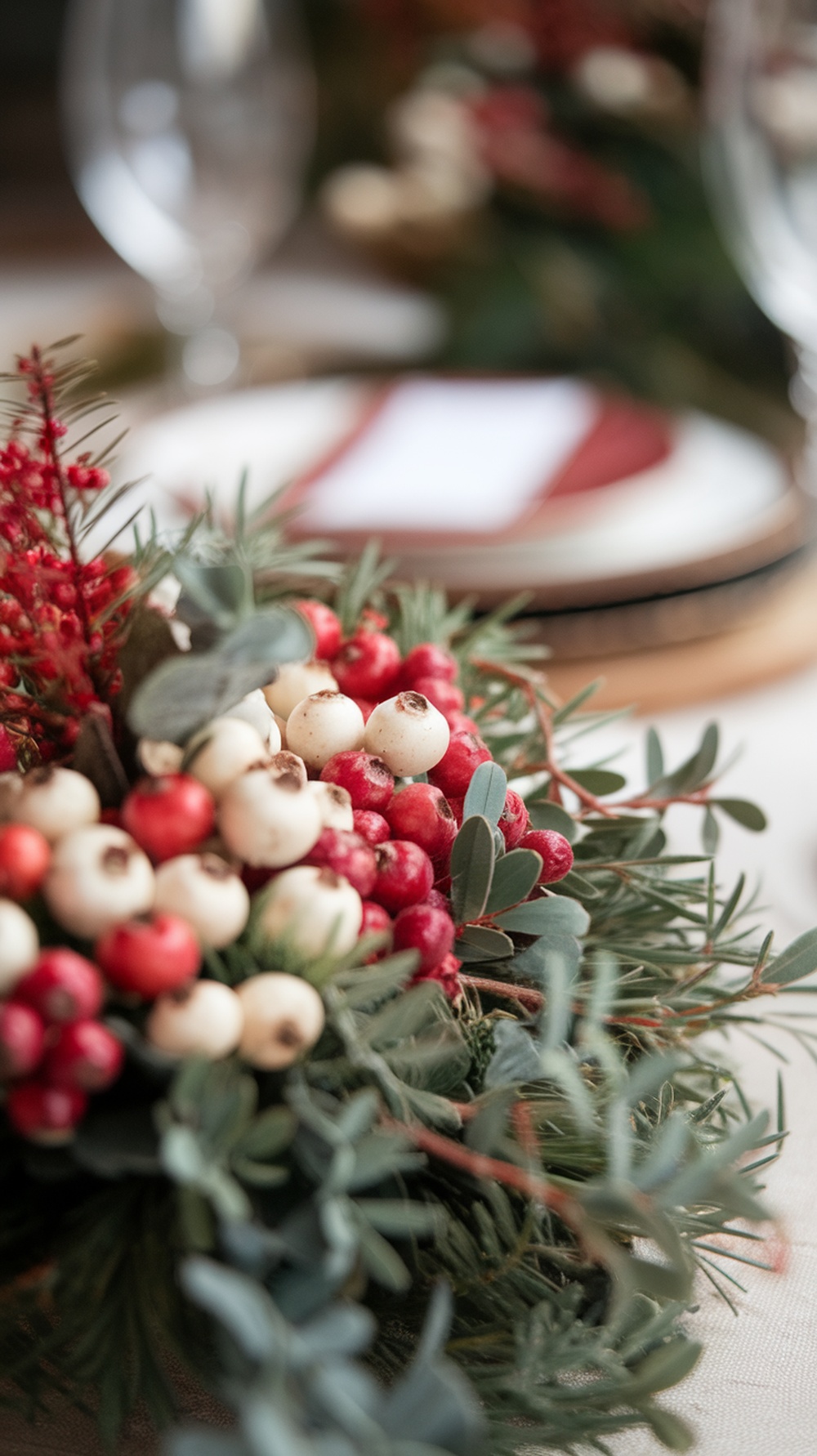 A close-up of a berry arrangement featuring red and white berries with greenery, set on a festive table.