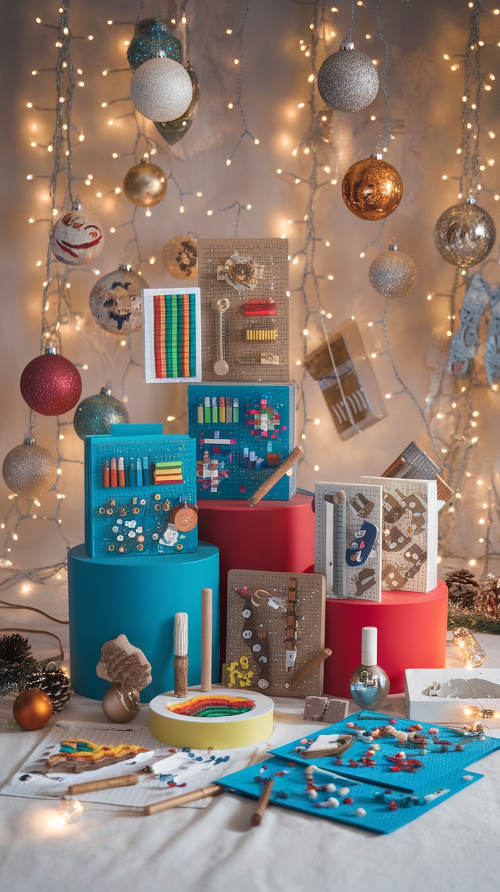 Colorful DIY craft kits displayed with various art supplies and holiday decorations.