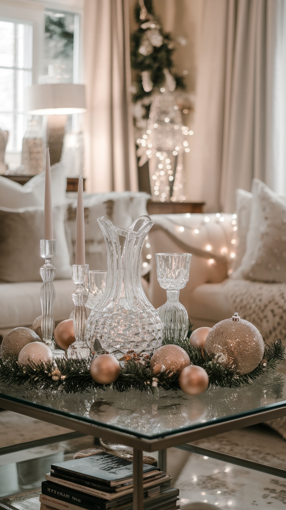 A beautifully decorated coffee table with glass accents, including vases and candle holders, adorned with Christmas ornaments and greenery.