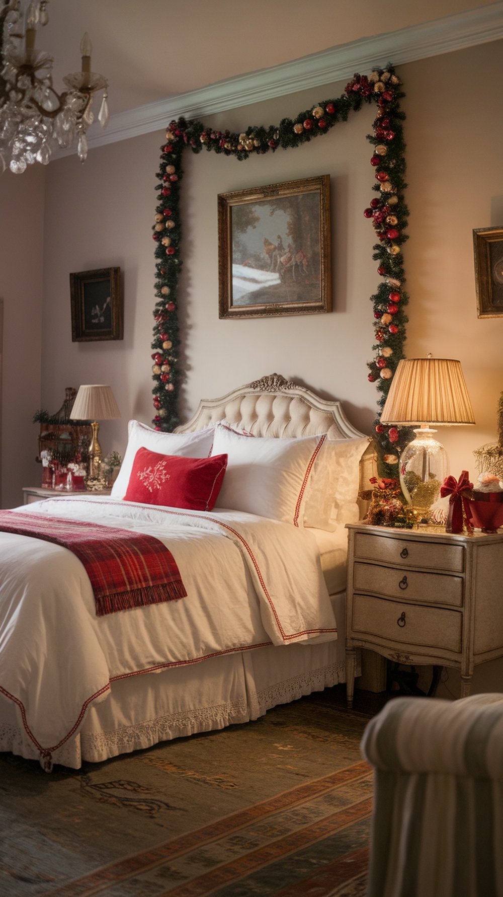 A vintage-inspired Christmas bedroom with elegant decor, featuring a beautifully made bed, garlands, and warm lighting.