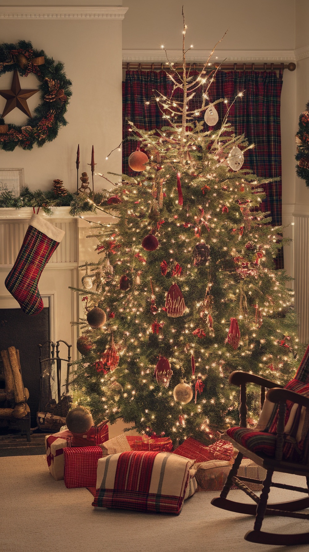 A cozy Christmas living room with a decorated tree, vintage accents, and festive decor.