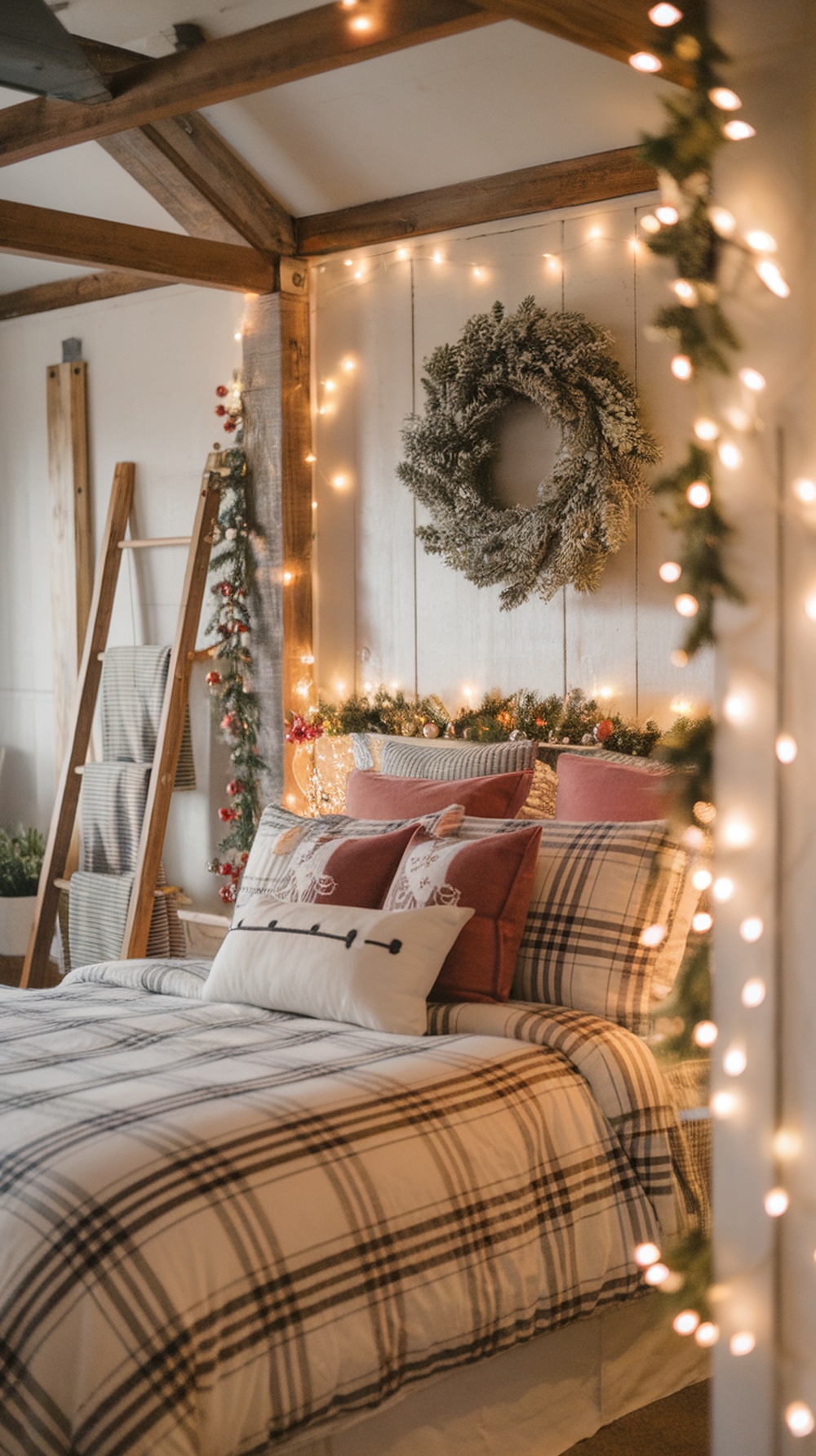 A cozy bedroom decorated for Christmas with plaid bedding, decorative pillows, fairy lights, and a wreath.