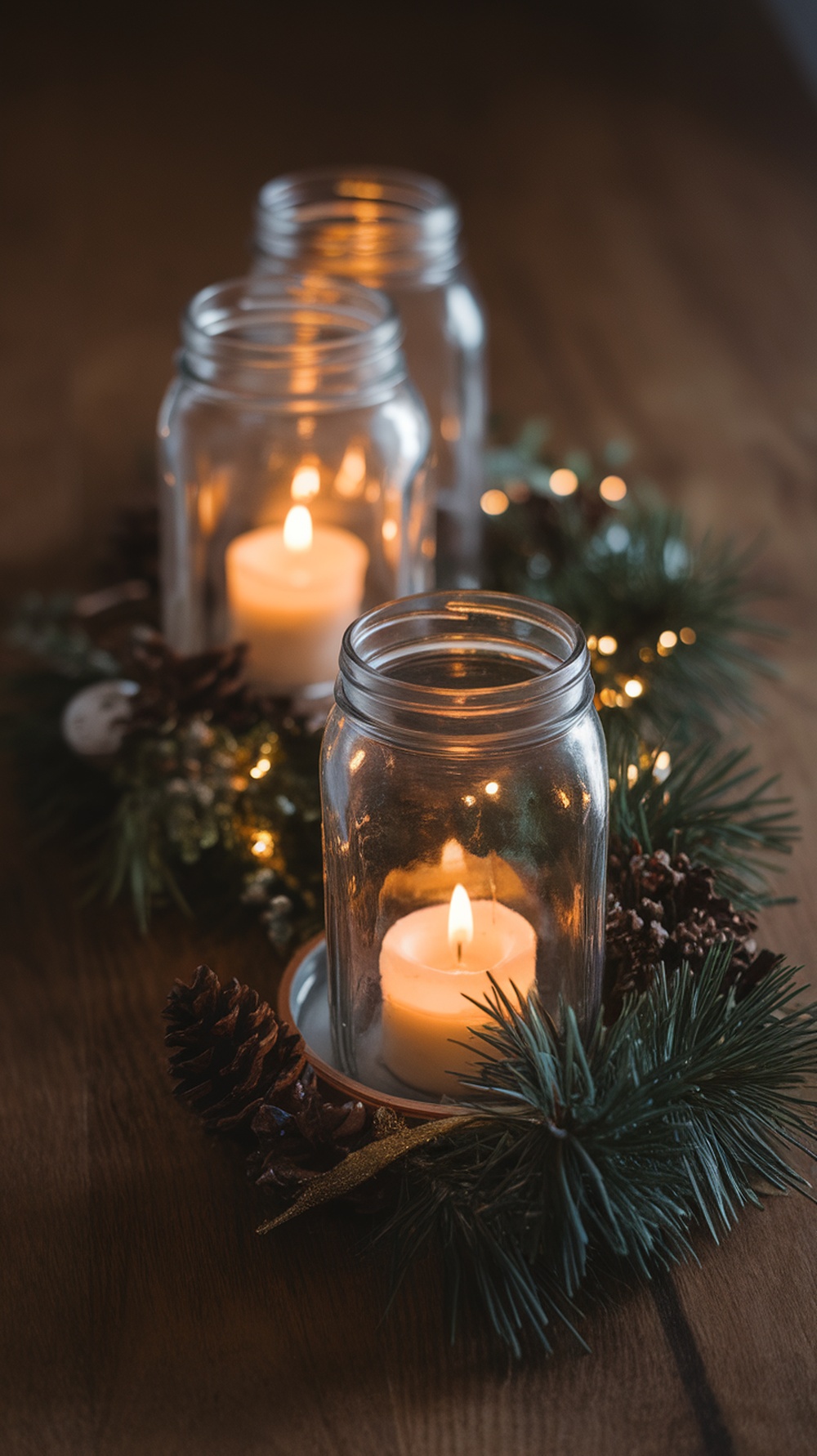 Three mason jar lanterns with candles surrounded by pine branches and pinecones on a wooden surface.