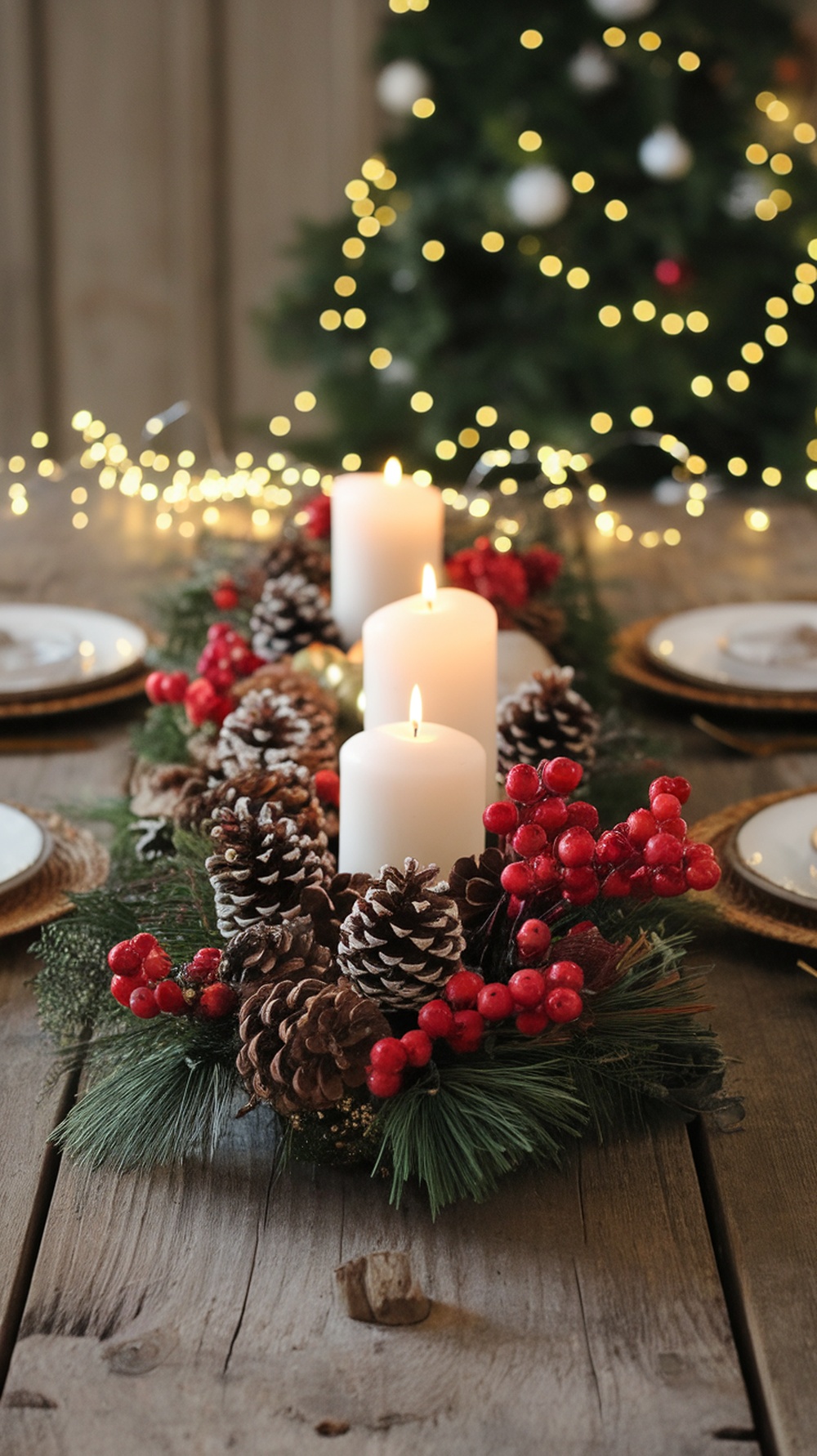 A festive table centerpiece featuring white candles, pinecones, and red berries, set against a wooden table with a Christmas tree in the background.