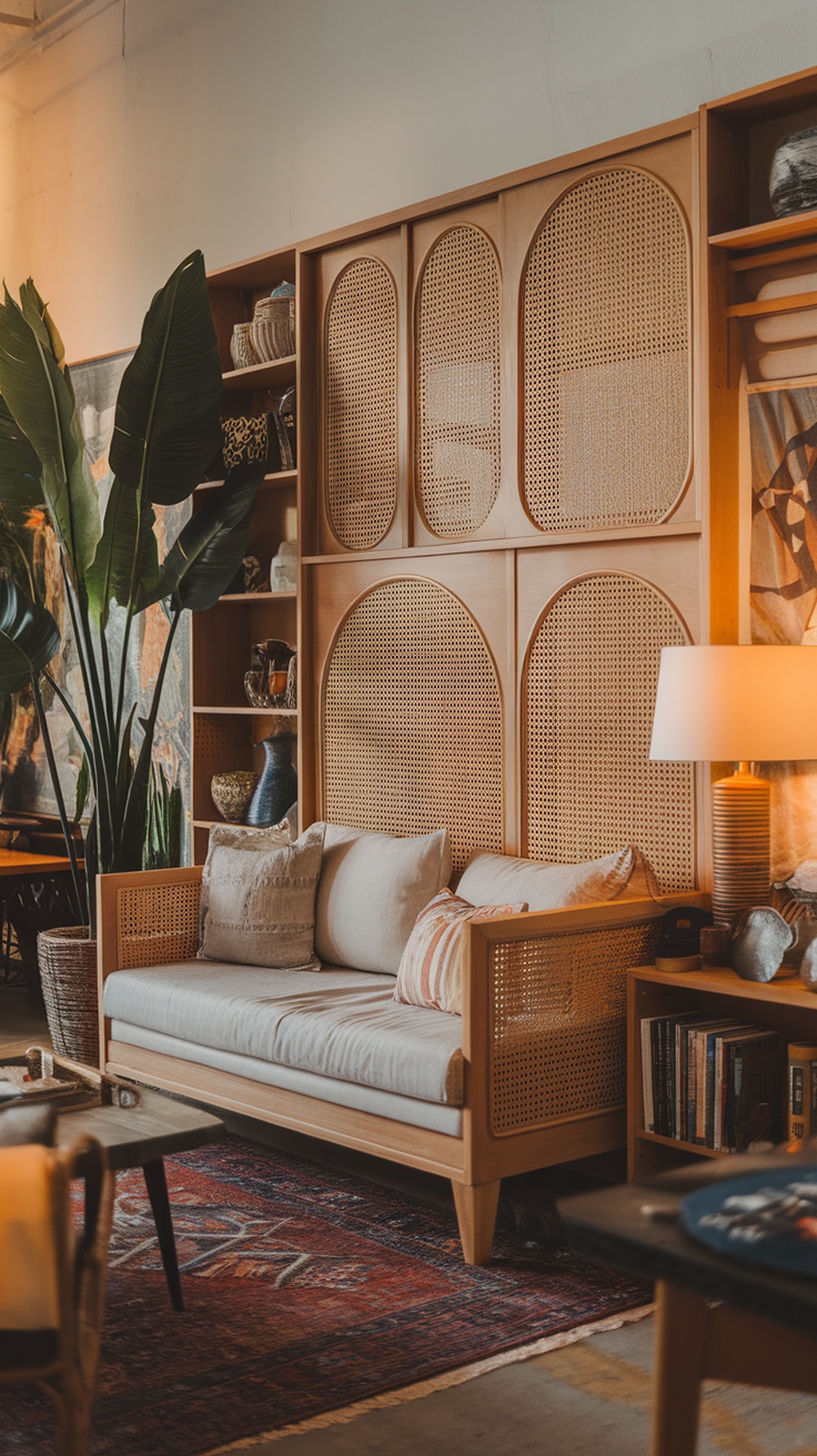 A stylish wooden living room divider with storage and decorative elements, creating a cozy space.