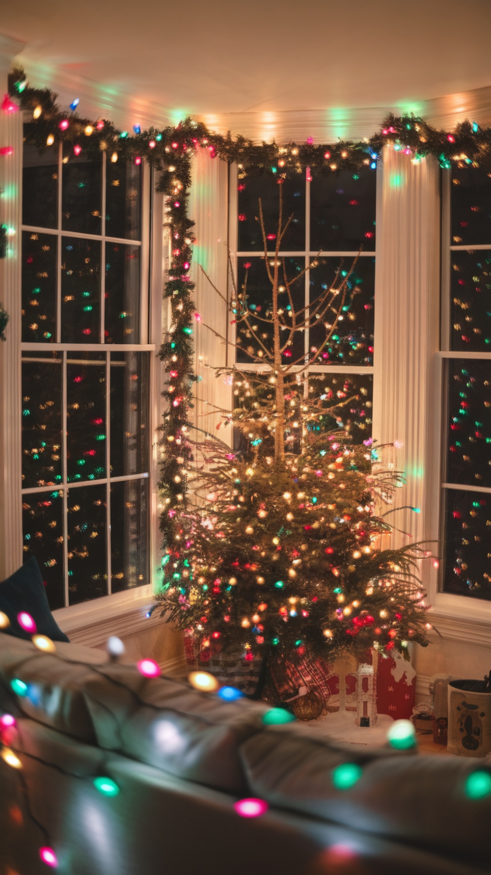 A cozy living room decorated with colorful Christmas lights and a beautifully adorned tree.