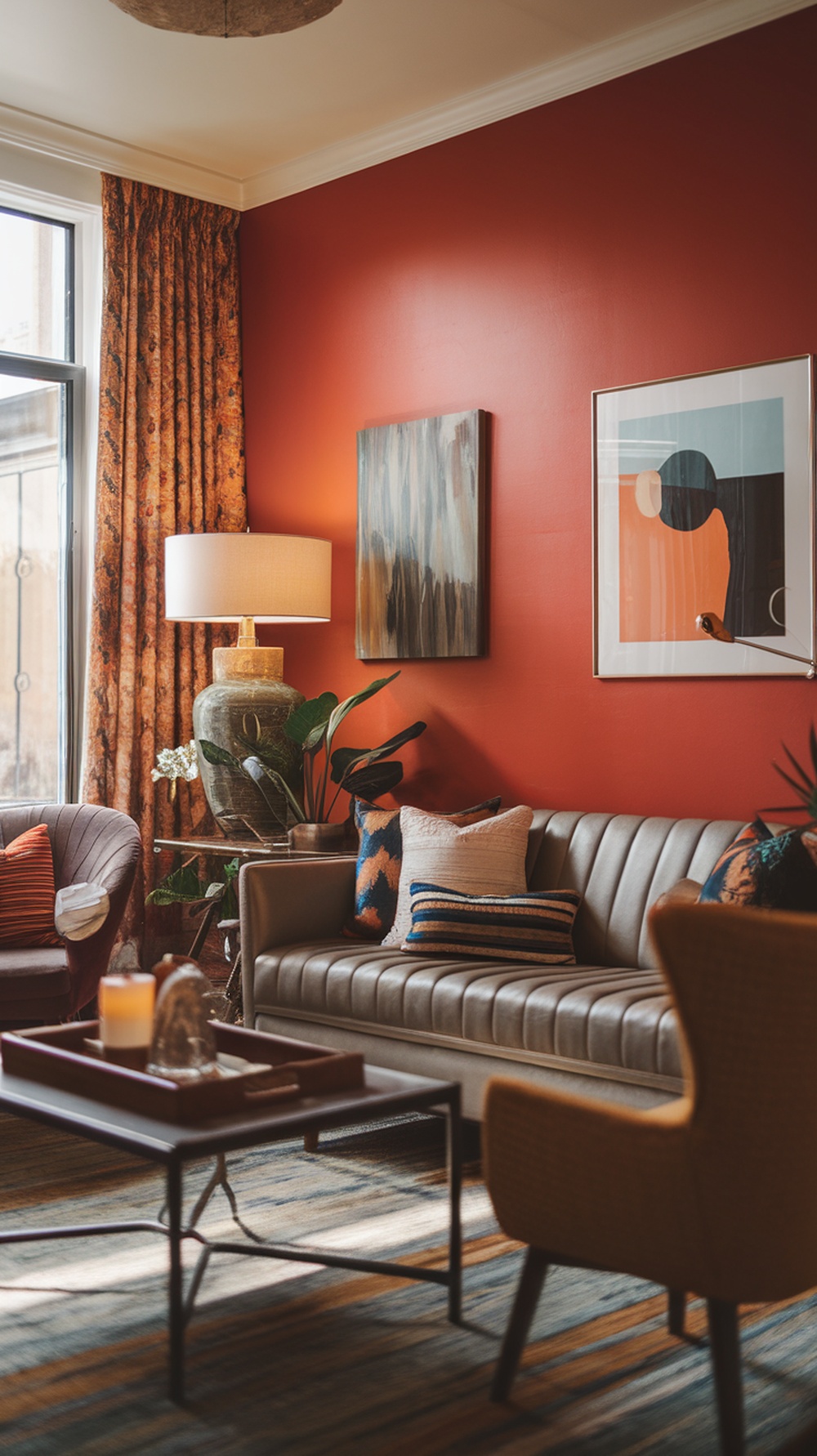 A small living room featuring a bold red accent wall, stylish furniture, and decorative elements.