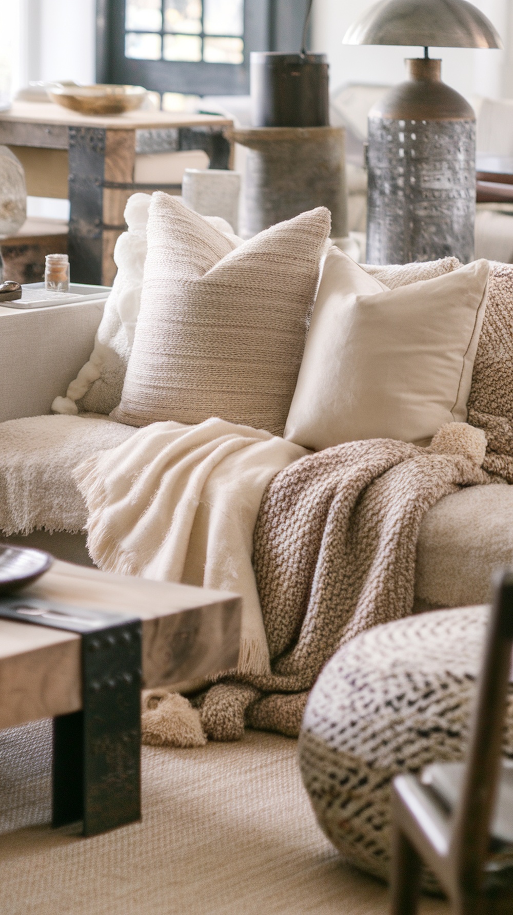 A cozy living room with layered textures, featuring a sofa with various pillows and throws, a wooden coffee table, and a warm atmosphere.