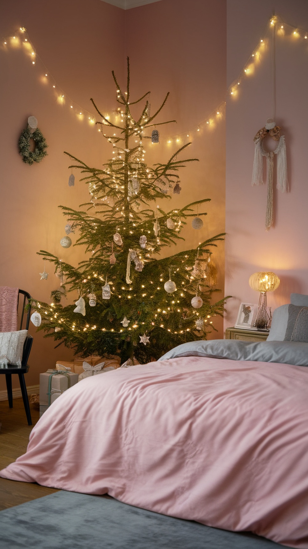 A cozy bedroom with a Christmas tree decorated with handmade ornaments and fairy lights.