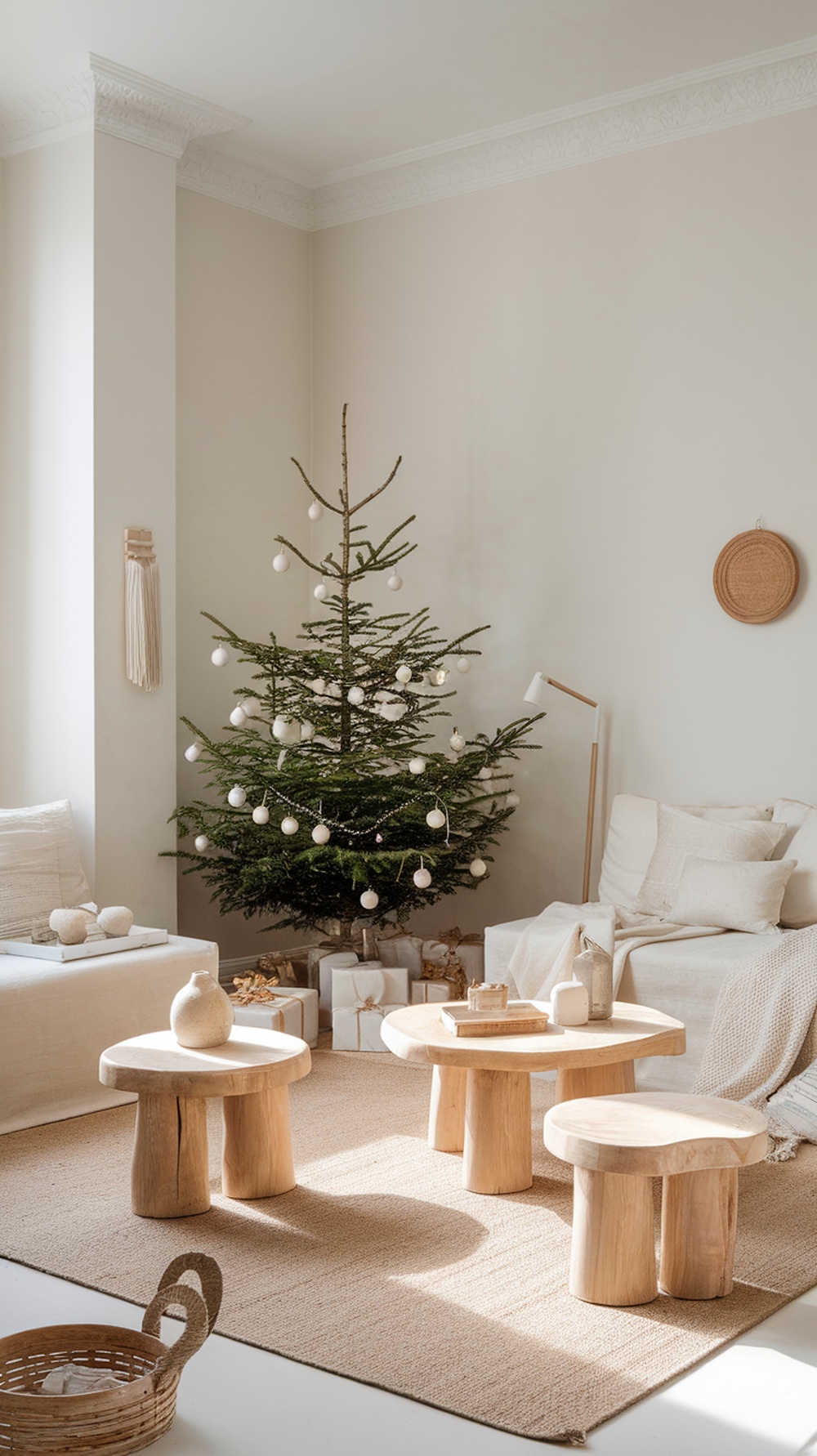 A cozy Scandinavian living room with a minimalist Christmas tree and natural decor.