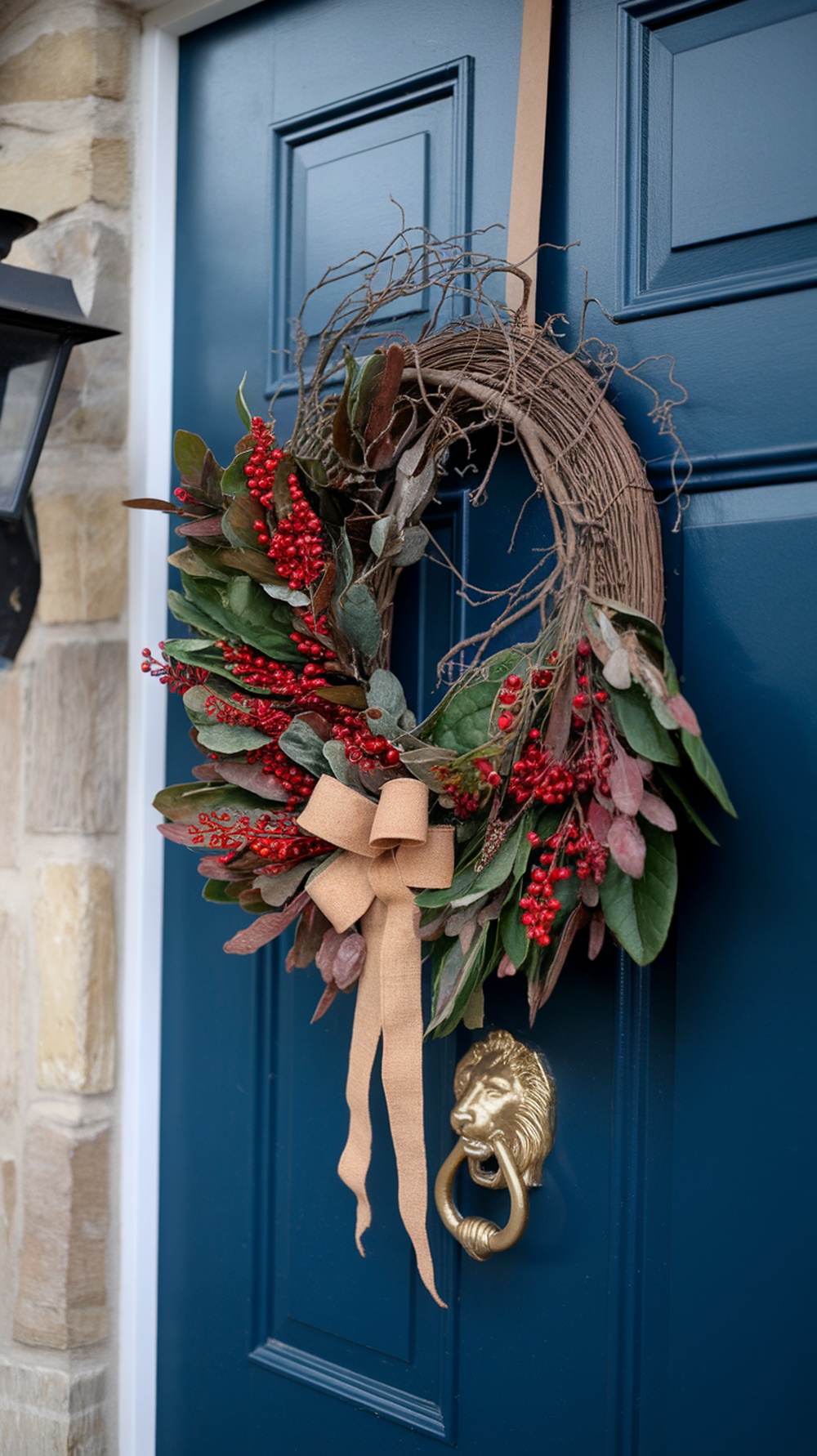 A beautiful wreath with red berries and green leaves, adorned with a burlap bow, hanging on a blue front door.