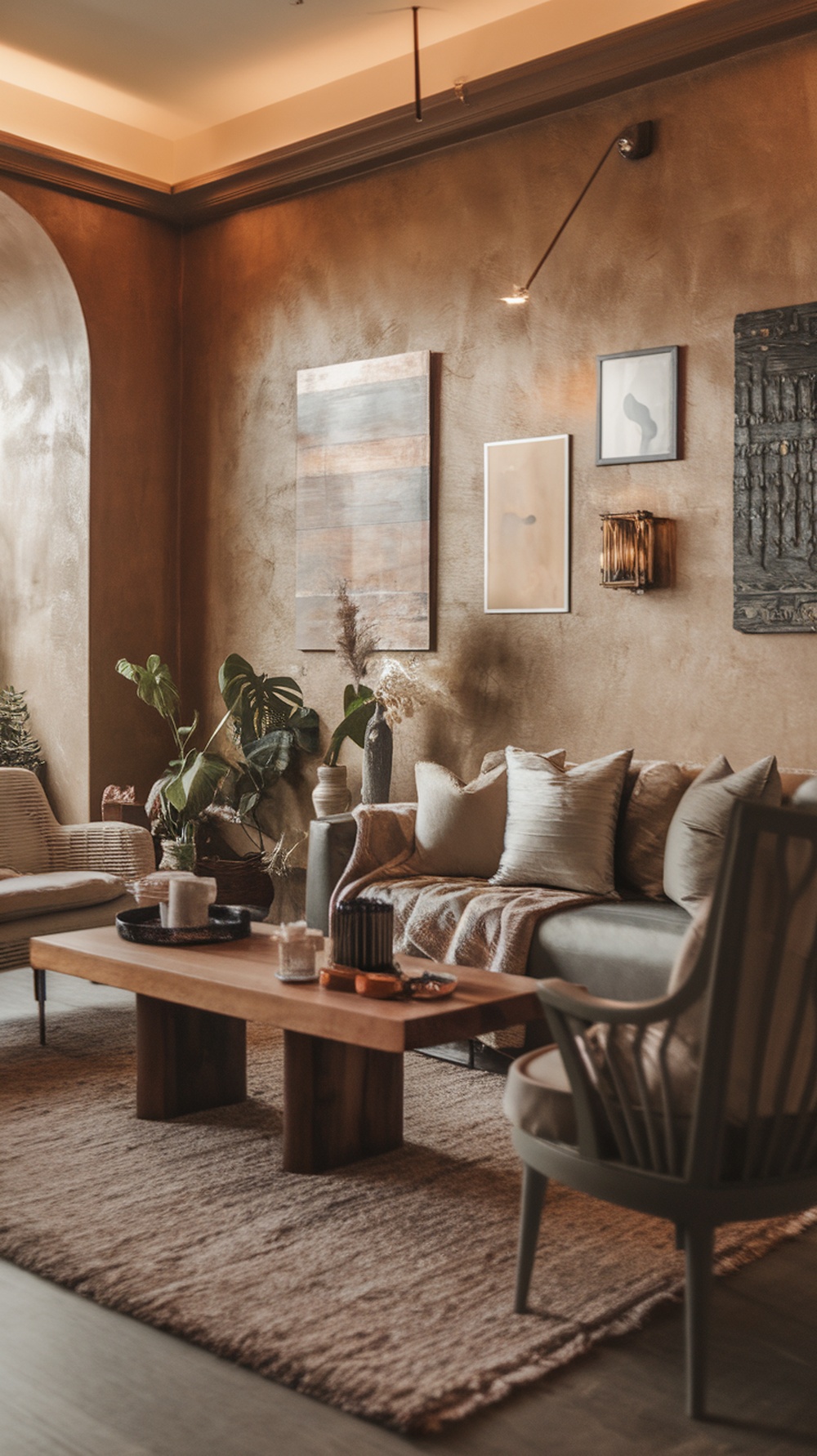 A cozy living room with textured walls, modern furniture, and decorative plants.