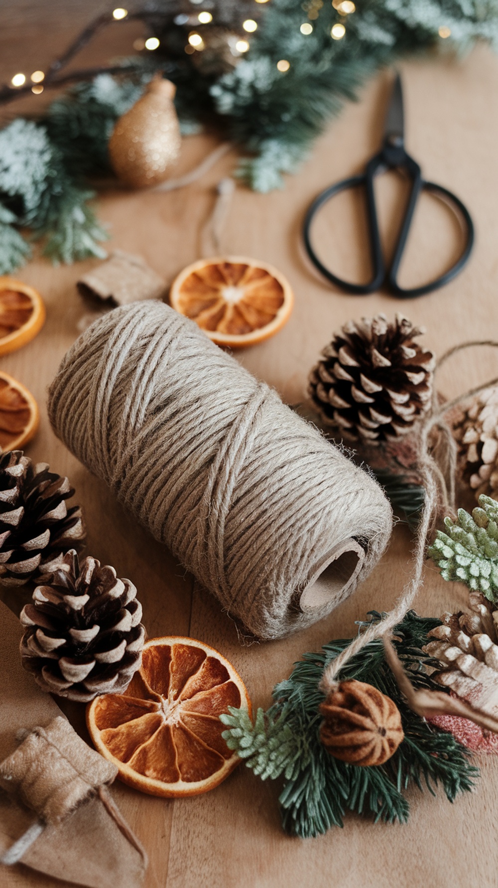 A spool of twine surrounded by pine cones, dried orange slices, and greenery, perfect for DIY Christmas decorations.