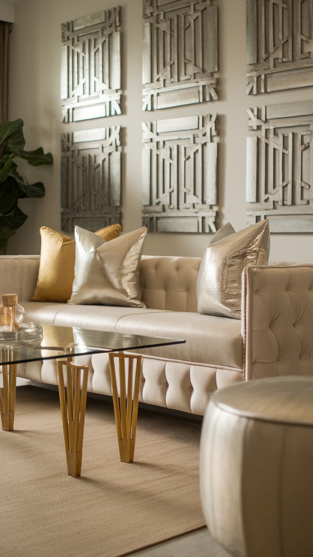 Chic living room with metallic accents including pillows and a coffee table