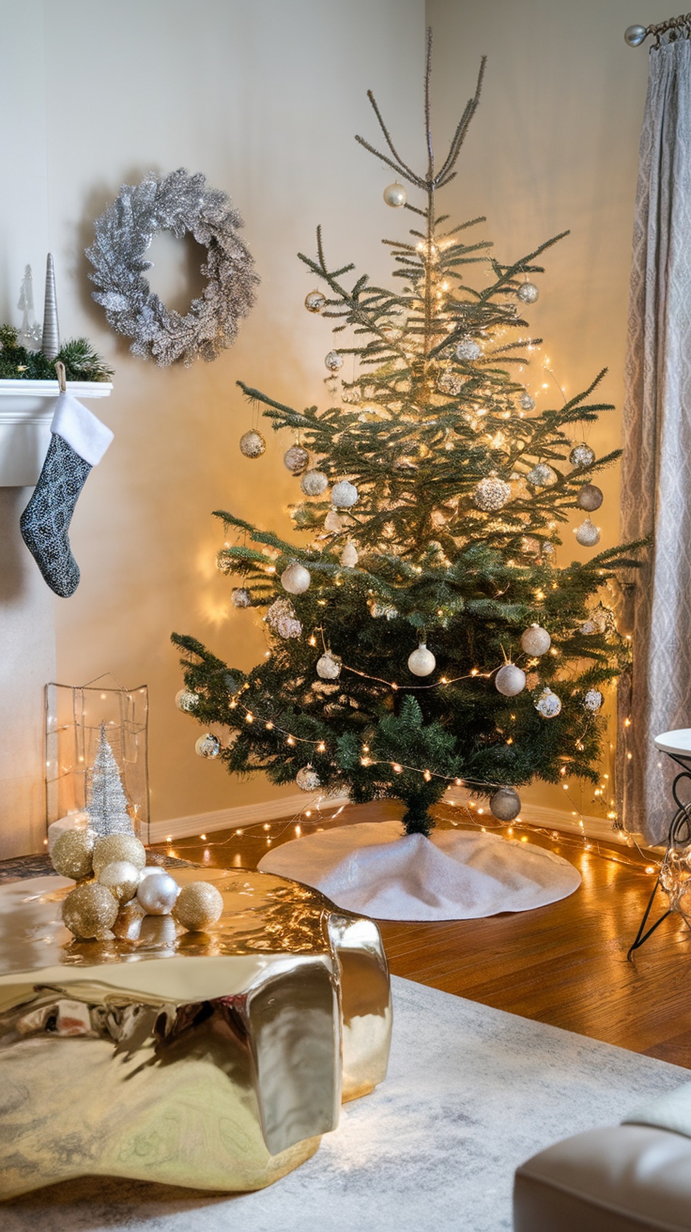 A cozy living room decorated for Christmas with a tree, metallic accents, and warm lights.
