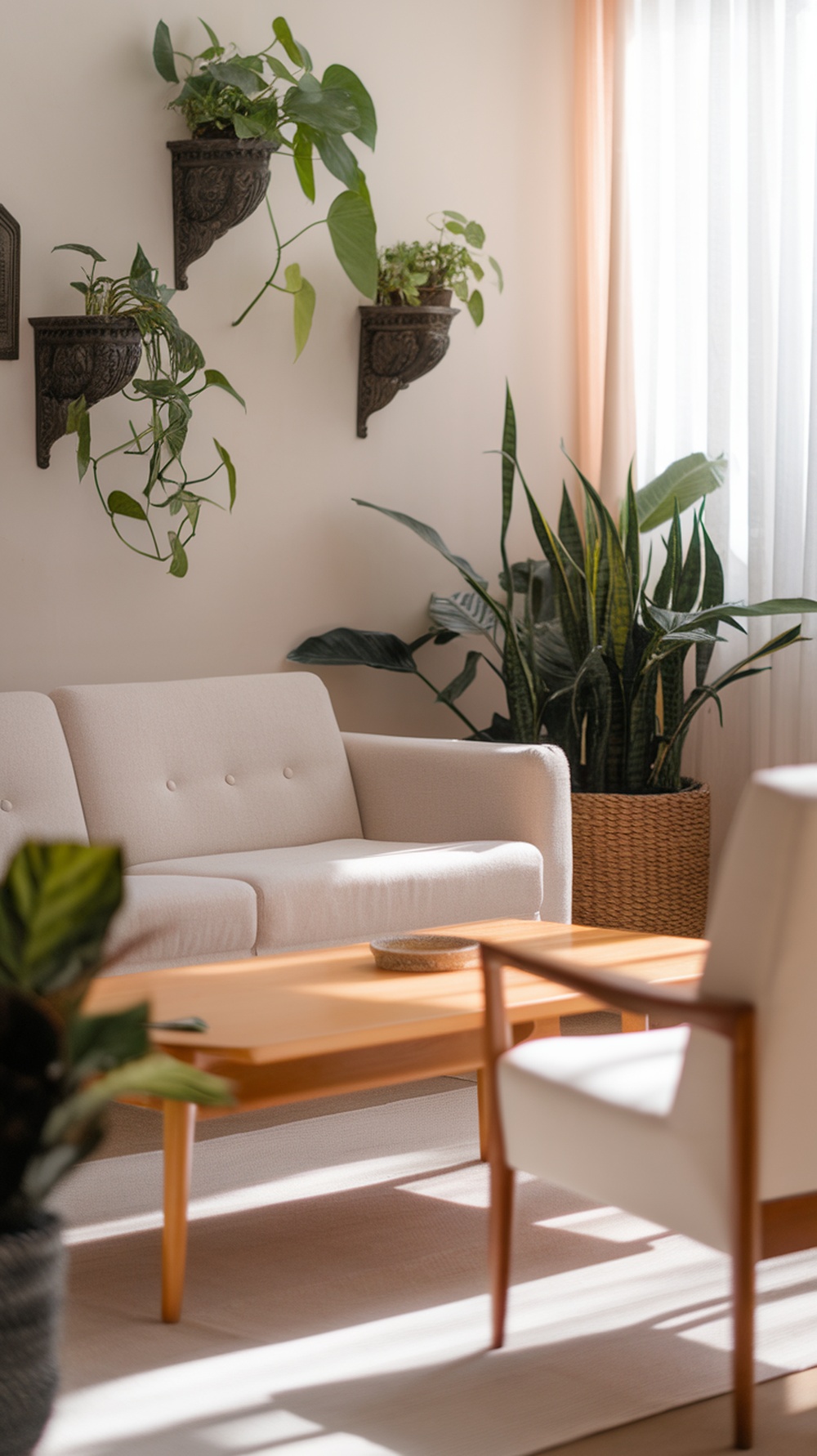 A cozy living room featuring a light-colored sofa, wall-mounted planters with indoor plants, and a stylish coffee table.