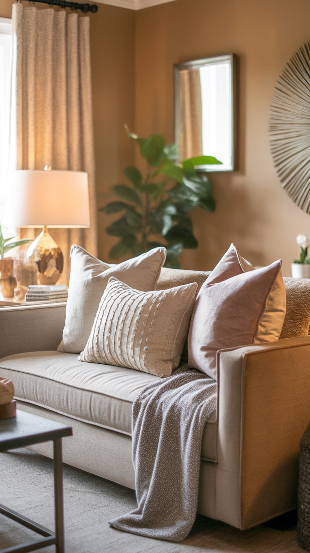 Cozy living room with a couch featuring decorative pillows and a soft throw blanket.