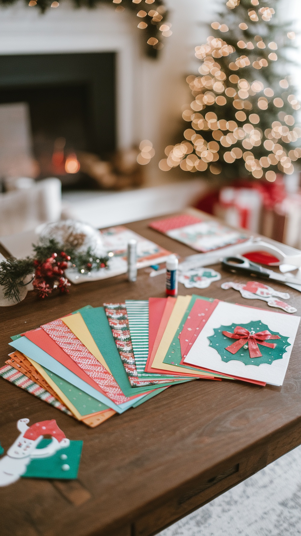 A table with colorful cardstock and crafting supplies for homemade Christmas decorations.
